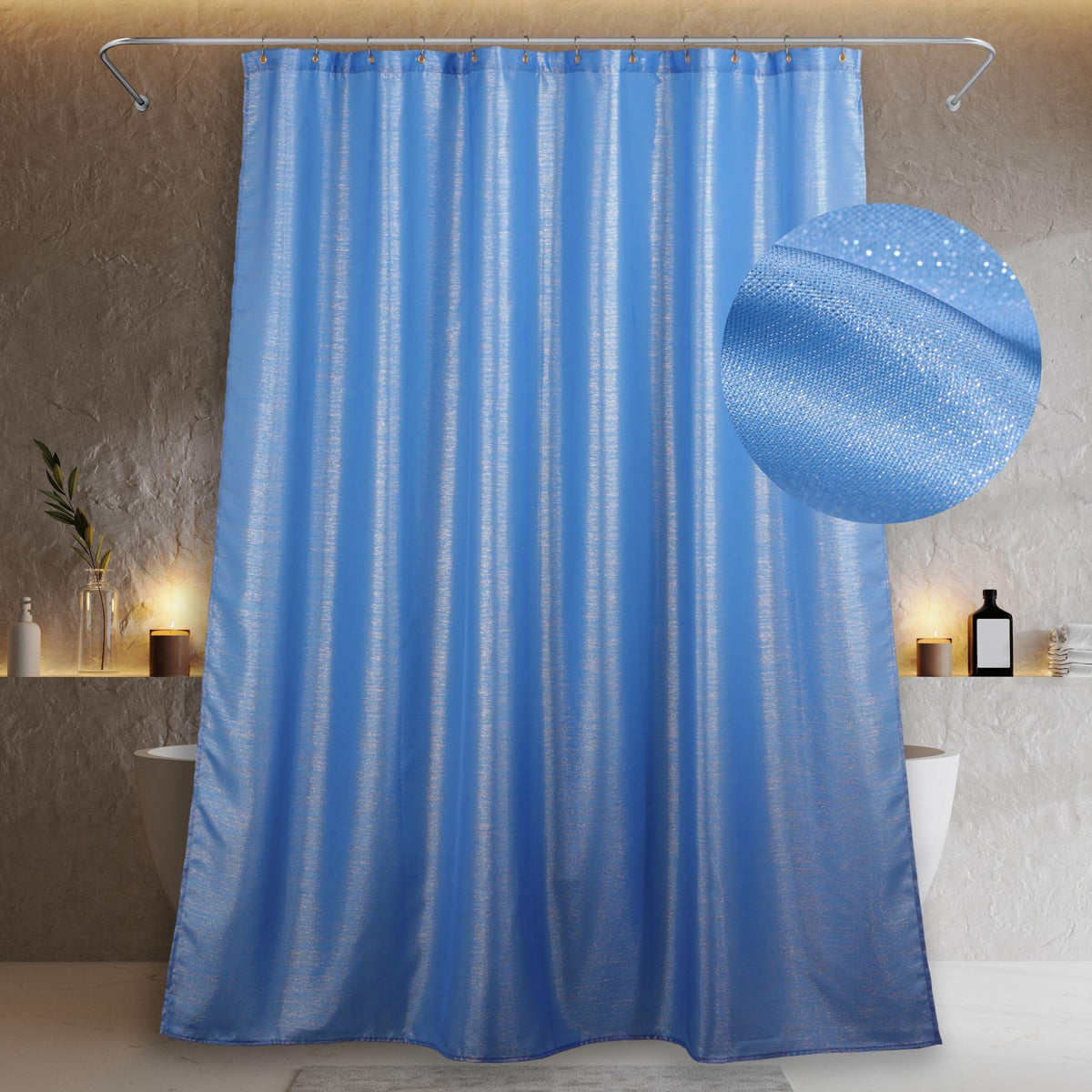 Popkozzi Blue Long Glitter Shower Curtain: 84 Inch Extra Tall Silver Sparkle Bling Shiny Fabric Decorative Shower Curtains For B
