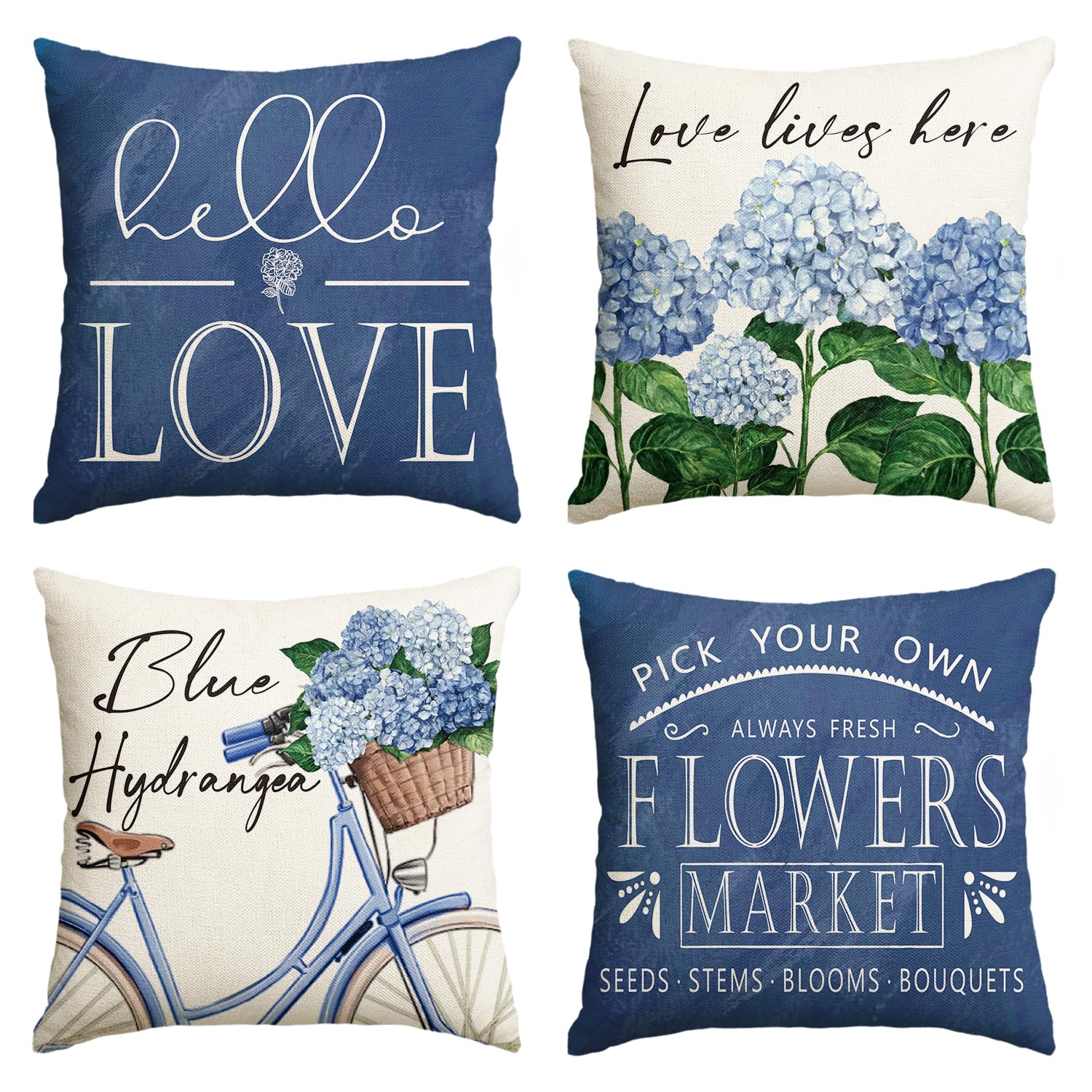 Avoin Colorlife Hello Love Blue Hydrangea Bicycle Throw Pillow Covers, 18 X 18 Inch Flowers Summer Spring Mother'S Day Cushion C