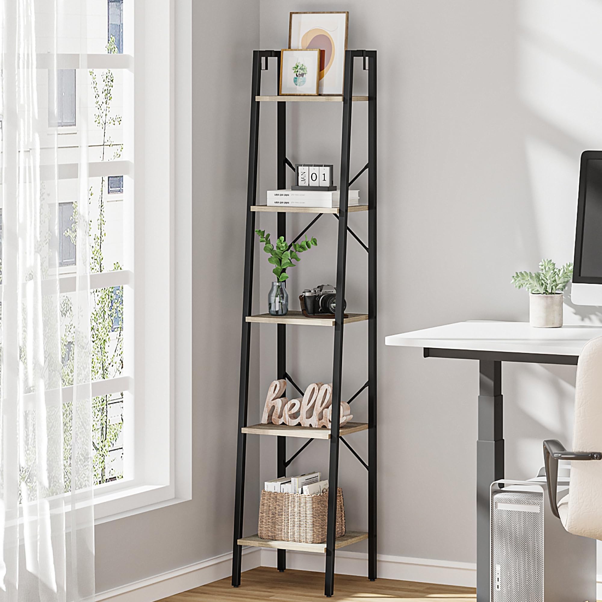 Hzuaneri Ladder Shelf, Bookshelf Bookcase, Freestanding Corner Storage Shelve With 2 Hooks For Home Office, Living Room, Kitchen, Bedroom, Industrial, 5-Tier Greige Bc03205B