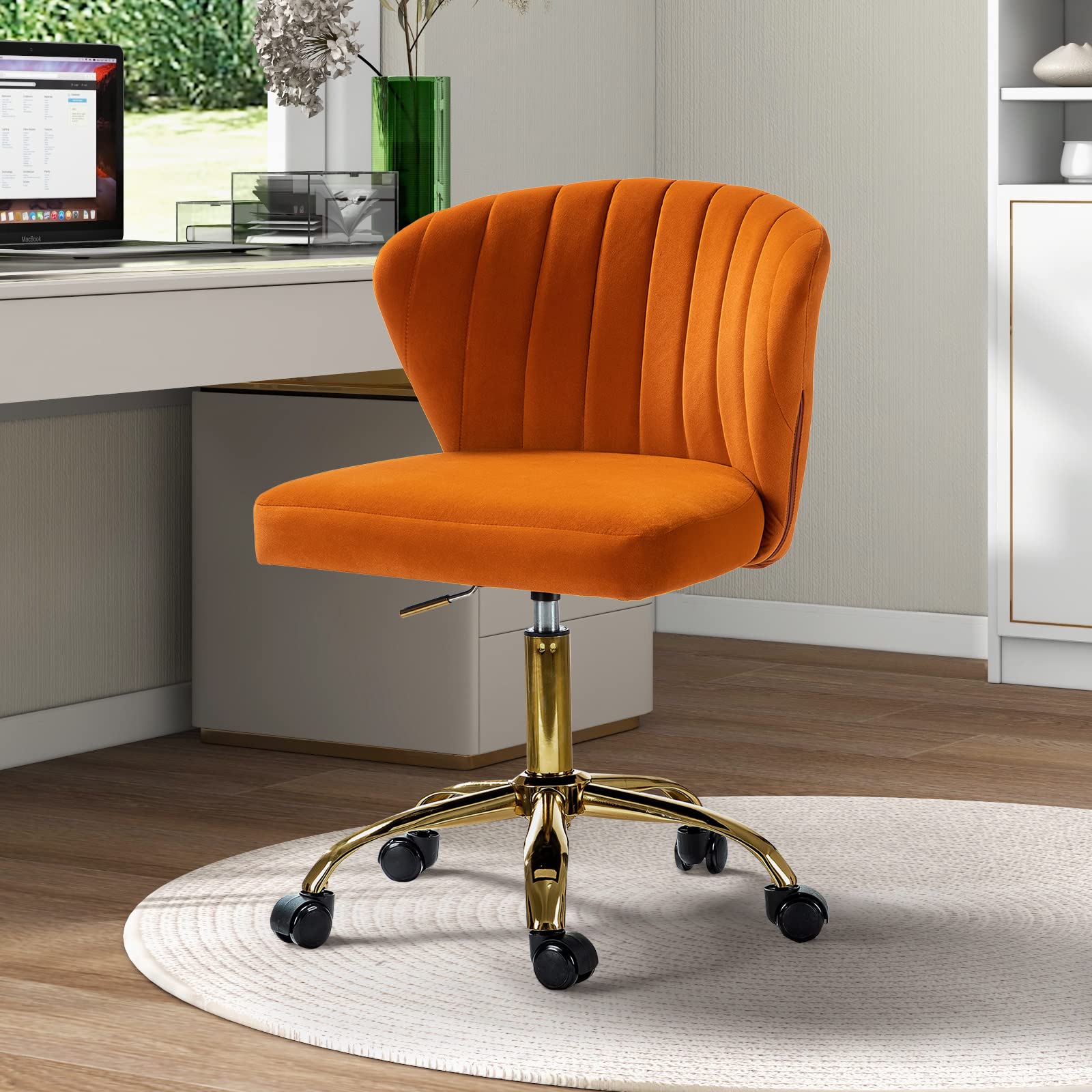 Tina'S Home Office Desk Chairs With Wheels & Gold Base, Modern Velvet Cute Armless Office Chair, Adjustable Low Back Swivel Roll