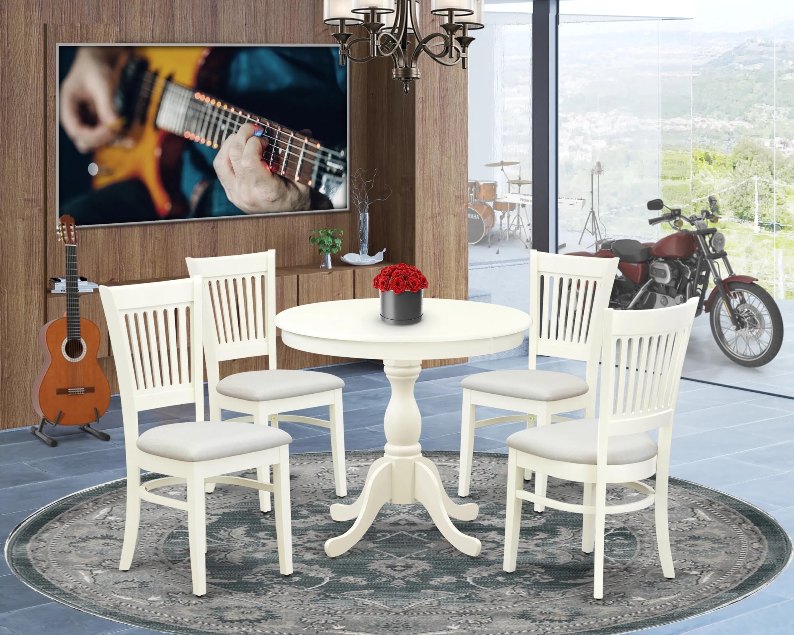 East West Furniture Amva5-Lwh-C 5 Piece Modern Dining Table Set Includes A Round Kitchen Table With Pedestal And 4 Linen Fabric Dining Room Chairs, 36X36 Inch, Linen White