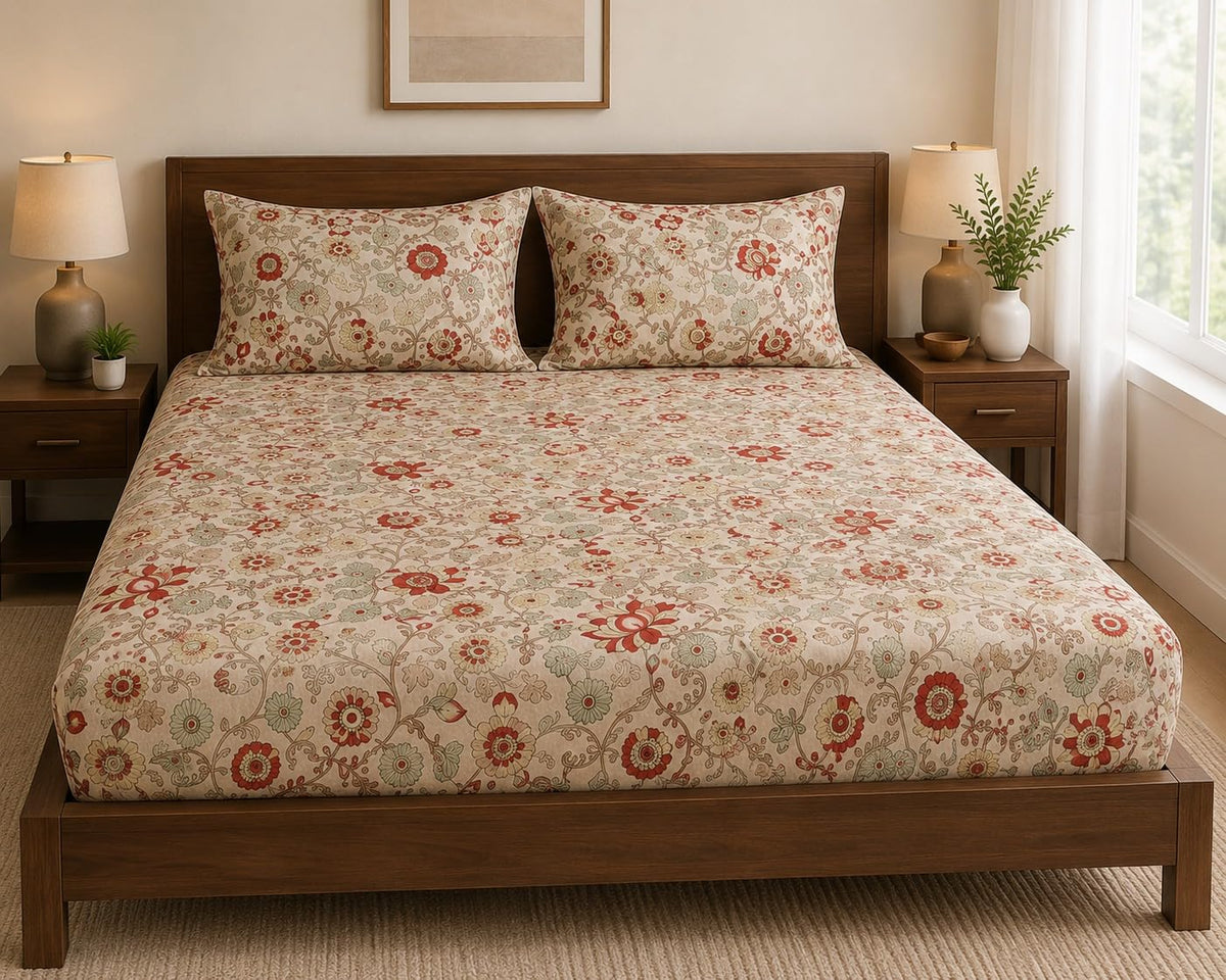Trance Home Linen 144TC 100% Cotton 78x60 Standard Queen Size Elastic Fitted Bedsheet | Printed Queen Bed Size Elasticated Fit