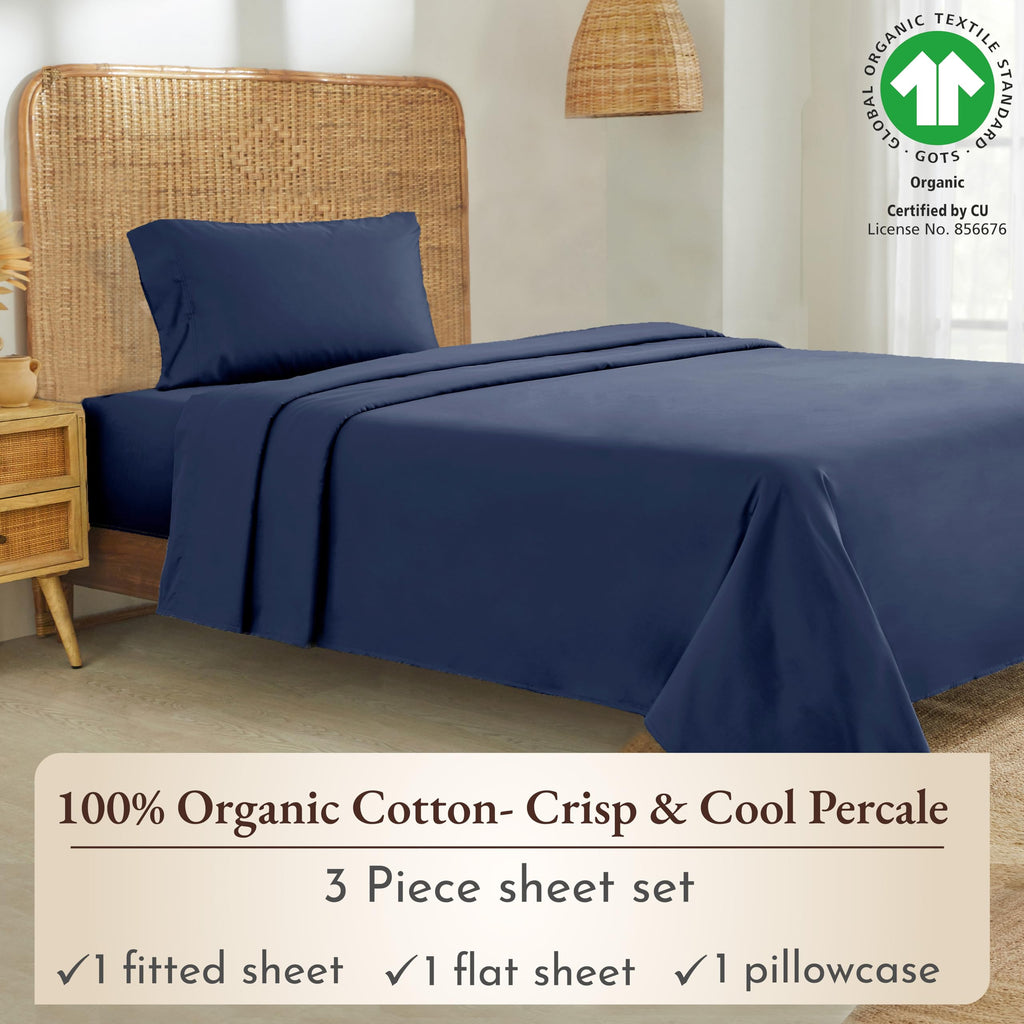 California Design Den 100% Organic Cotton Twin Xl Sheet Set, Deep Pockets Percale Sheets, Gots Certified Soft, Crisp, Cooling Sheets, Xl Twin Sheets, Navy Blue Sheets For Dorm, Hospitals