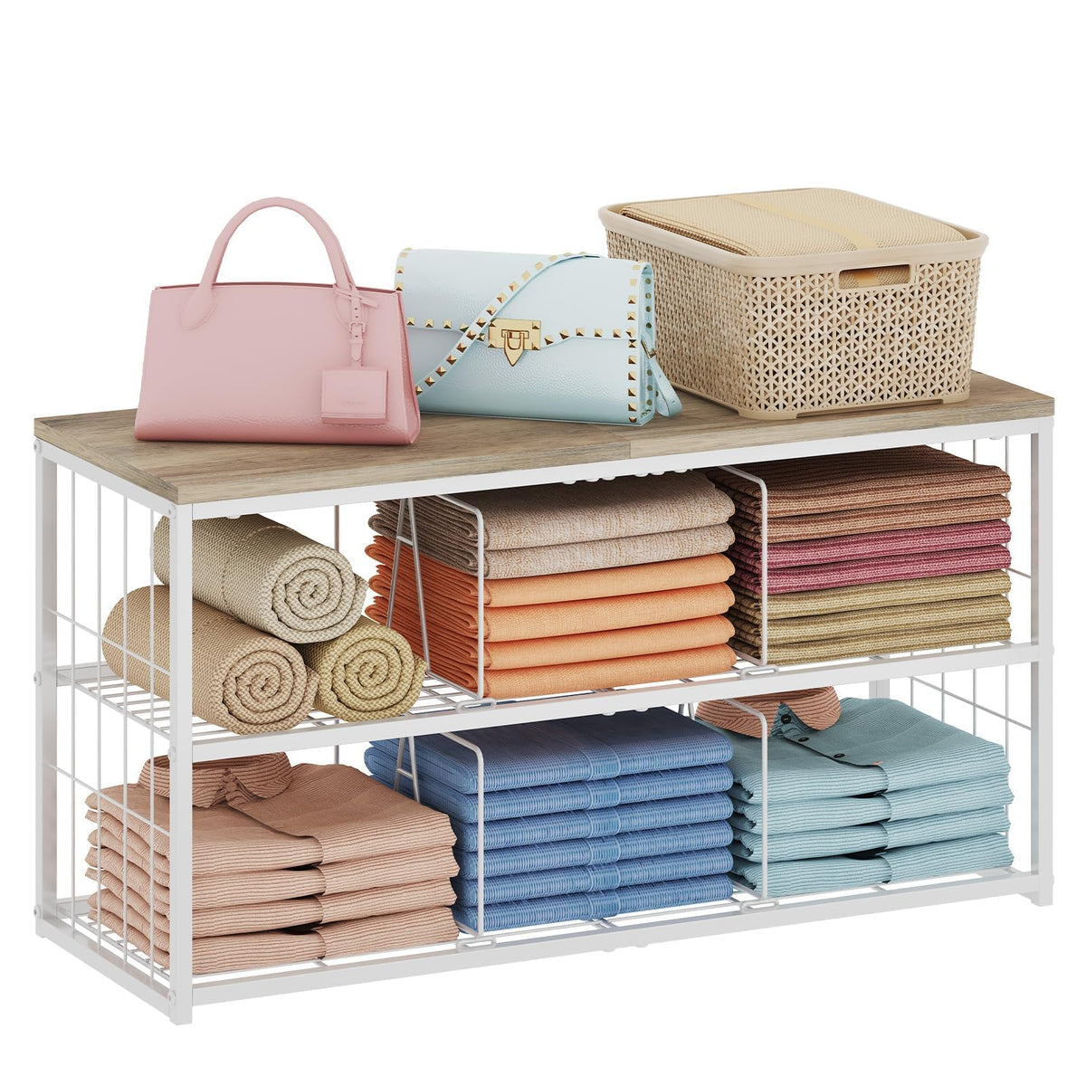 WoodTop Closet Clothes Organizers and Storage Shelf with Adjustable Dividers, Stackeble Closet Organizer with Large Capacity Fo