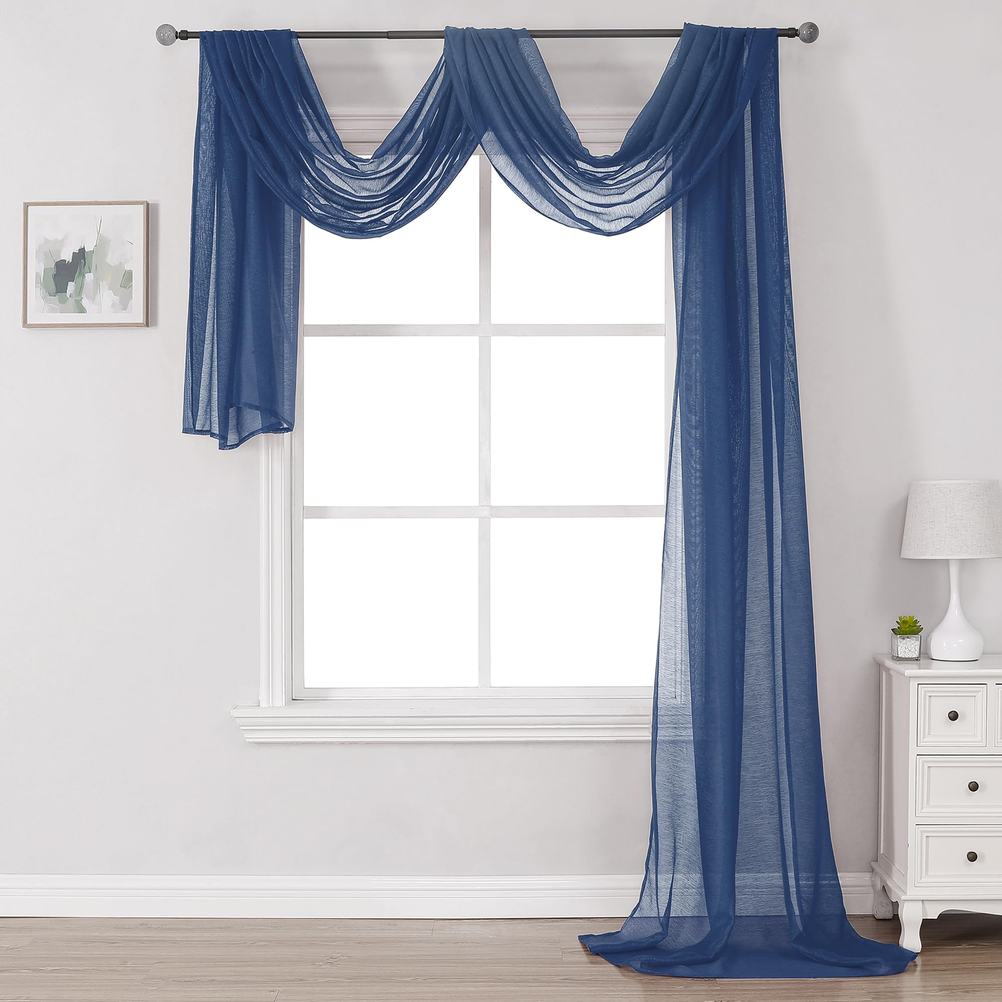 DONREN Semi Sheer Panel Curtains Scarf-Home Decor Window Sheer Valance Voile Scarf 1 Piece,52 inches Wide by 216 inches Long,Nav