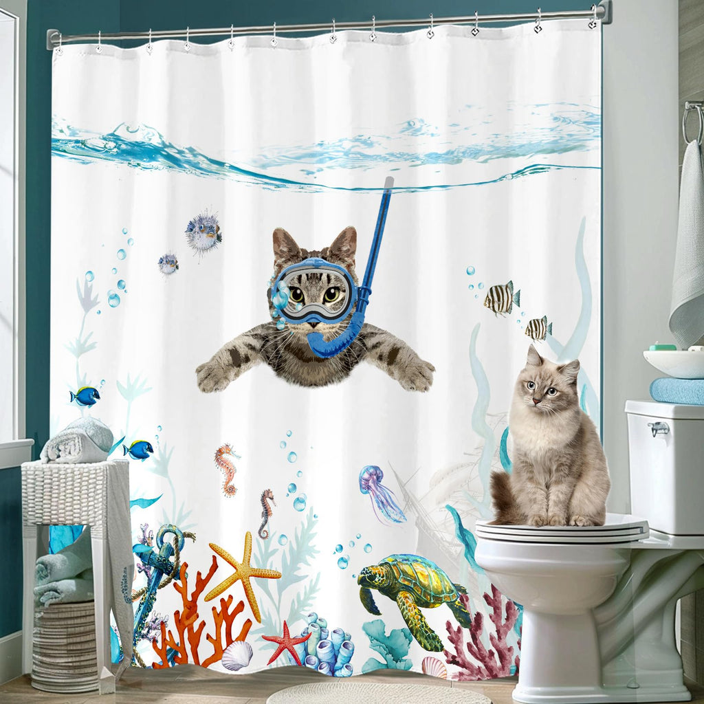 Fowocu Funny Cat 84 Inch Shower Curtain Set Teal Blue Sea Ocean Waterproof Fabric Shower Curtains With Animal Octopus Starfish T