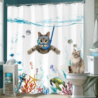 Fowocu Funny Cat 84 Inch Shower Curtain Set Teal Blue Sea Ocean Waterproof Fabric Shower Curtains With Animal Octopus Starfish T
