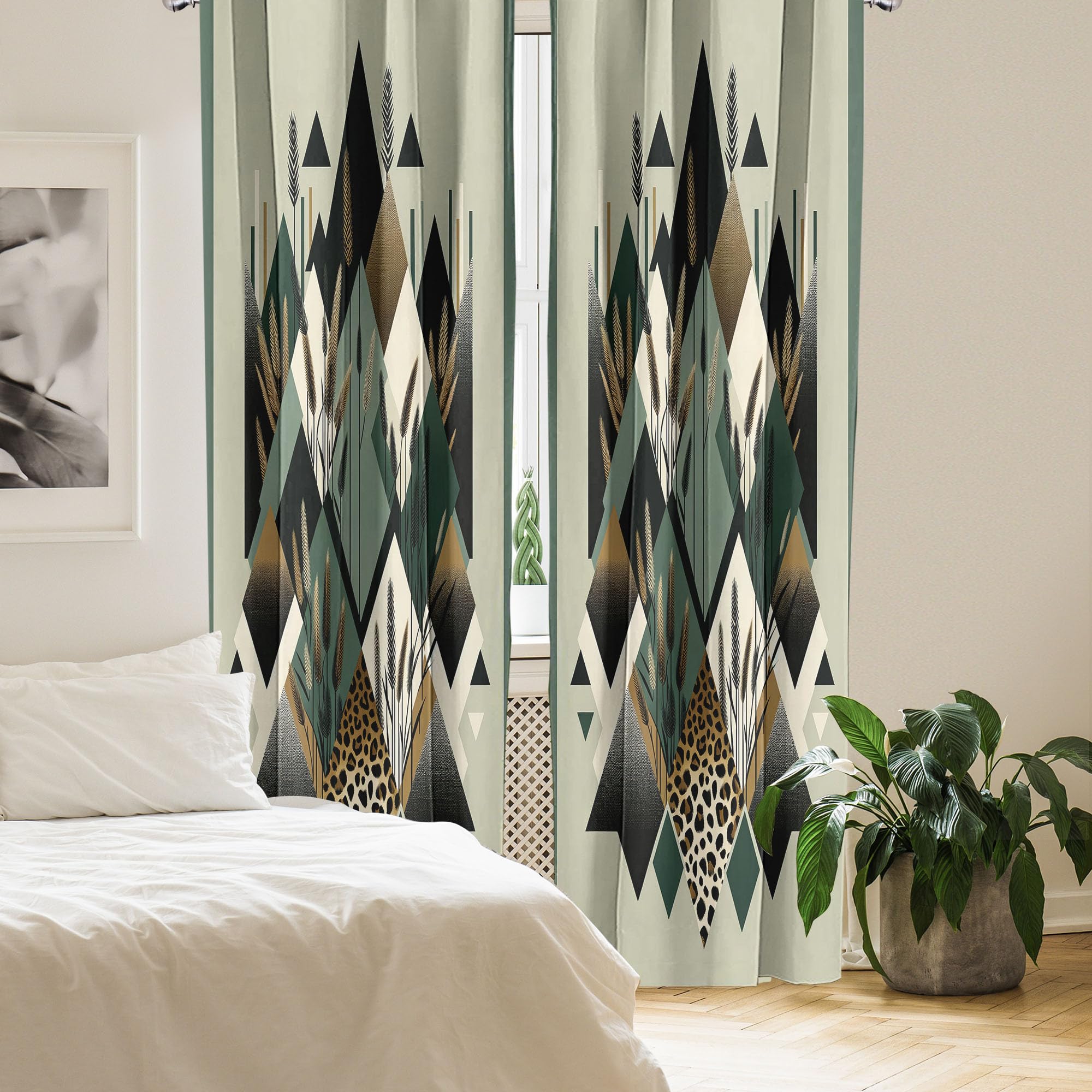 Ambesonne Bohemian Window Curtains Pack Of 2, Diamond Shapes Geometric Design Abstract Botanical Design Boho, Lightweight Set Wi