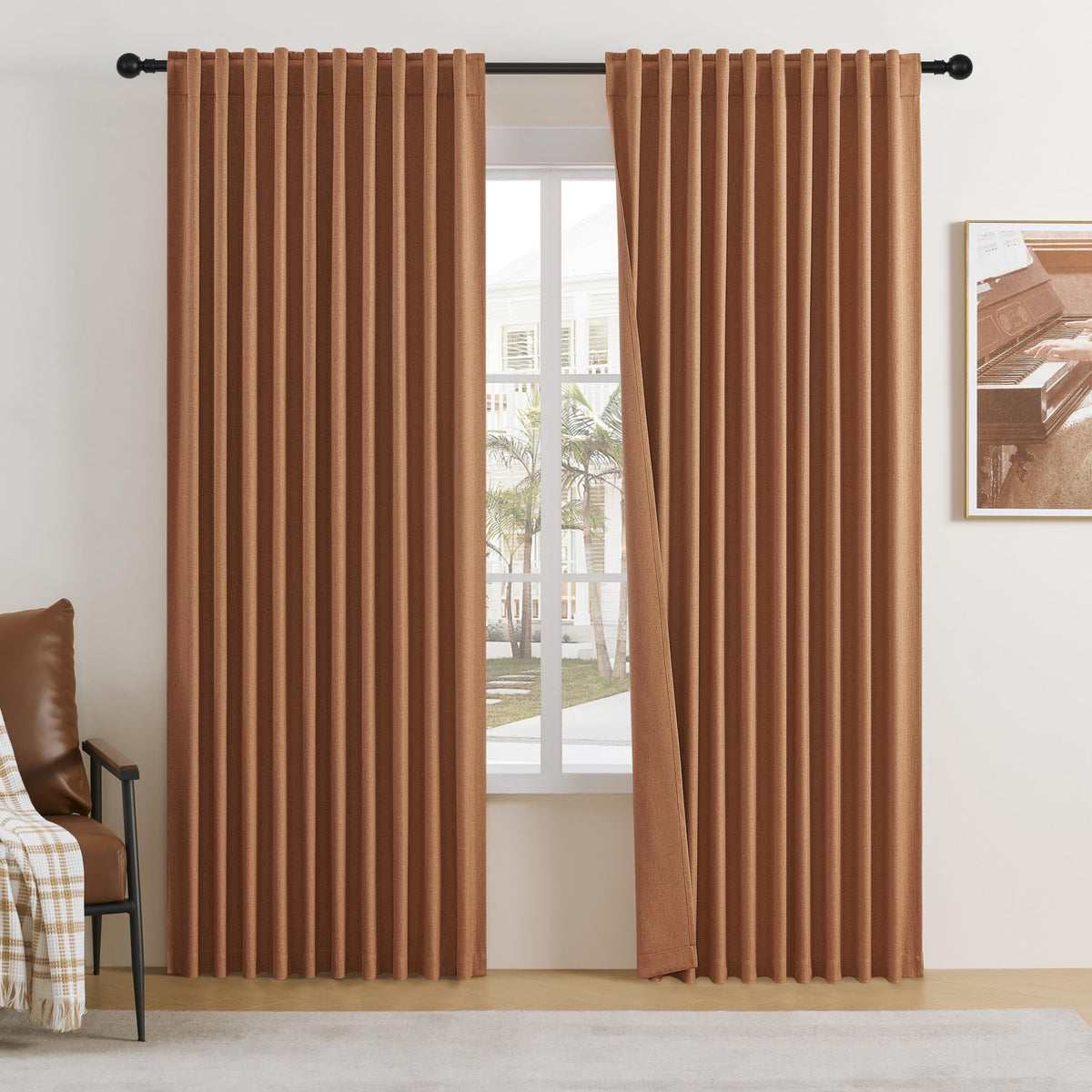 Dualife Linen Blackout Curtains- Energy Saving Back Tab Loop Pocket Pinch Pleated Rustic Farmhouse Drapes For Patio Sliding Glas