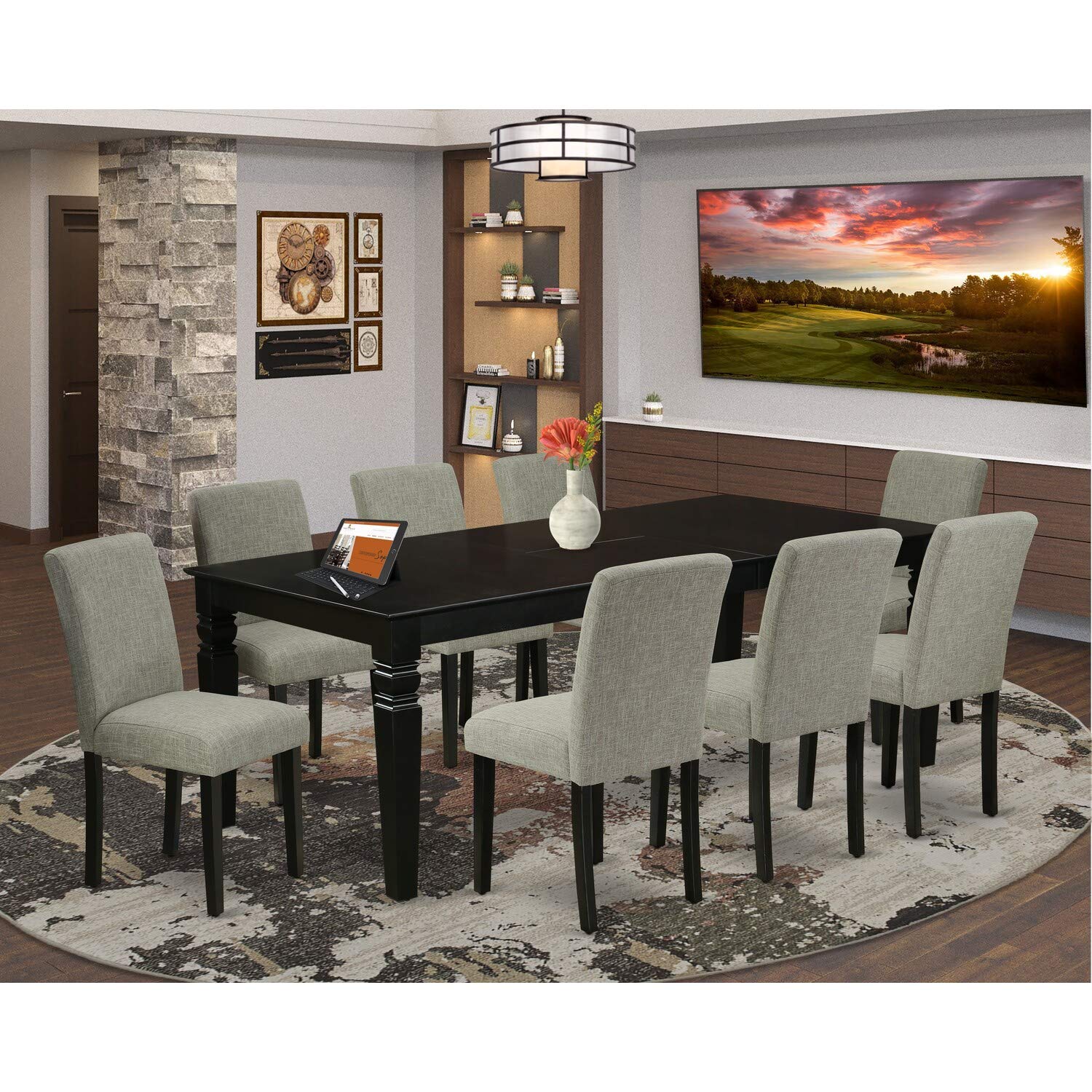 East West Furniture Lgab9-Blk-06 9 Piece Dining Room Furniture Set Includes A Rectangle Wooden Table With Butterfly Leaf And 8 Shitake Linen Fabric Parson Chairs, 42X84 Inch, Black