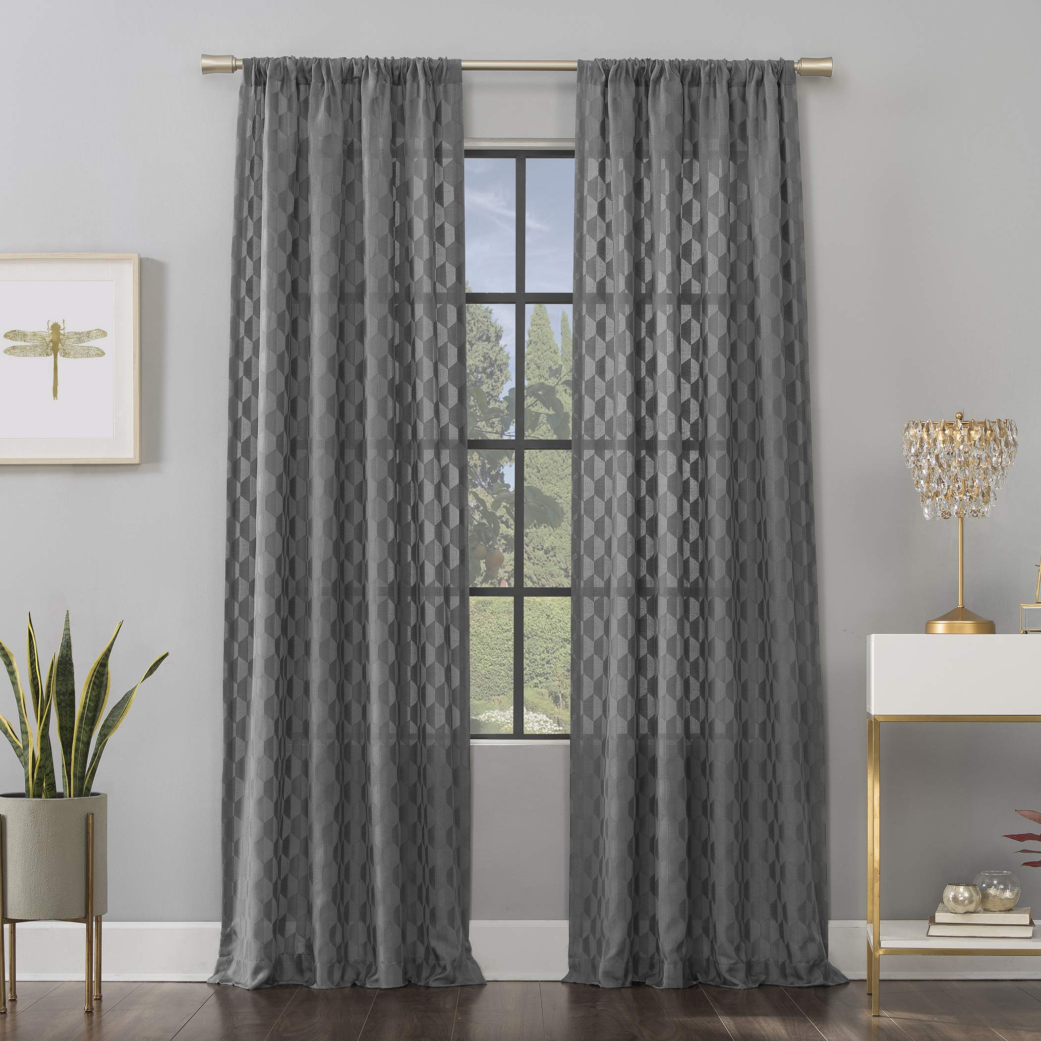 Scott Living Verge Geometric Clipped Jacquard Semi-Sheer Rod Pocket Curtain Panel, 52 x 96, Gray