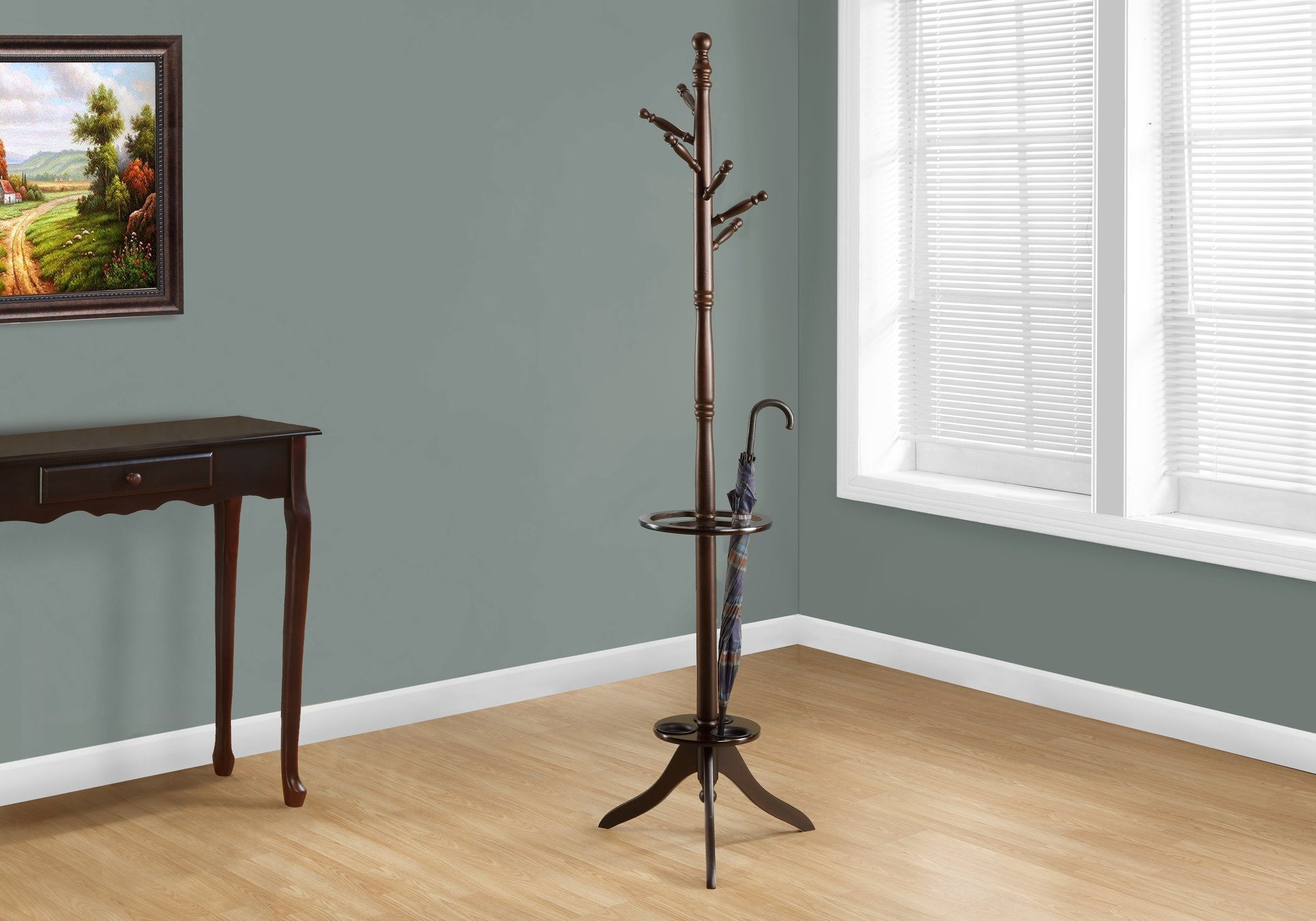 Monarch Specialties 2005, Hall Tree, Free Standing, 6 Hooks, Entryway, Umbrella Holder, Bedroom, Wood, Brown, Contemporary, Modern Coat Rack, 17" L x 17" W x 71" H, Cappuccino