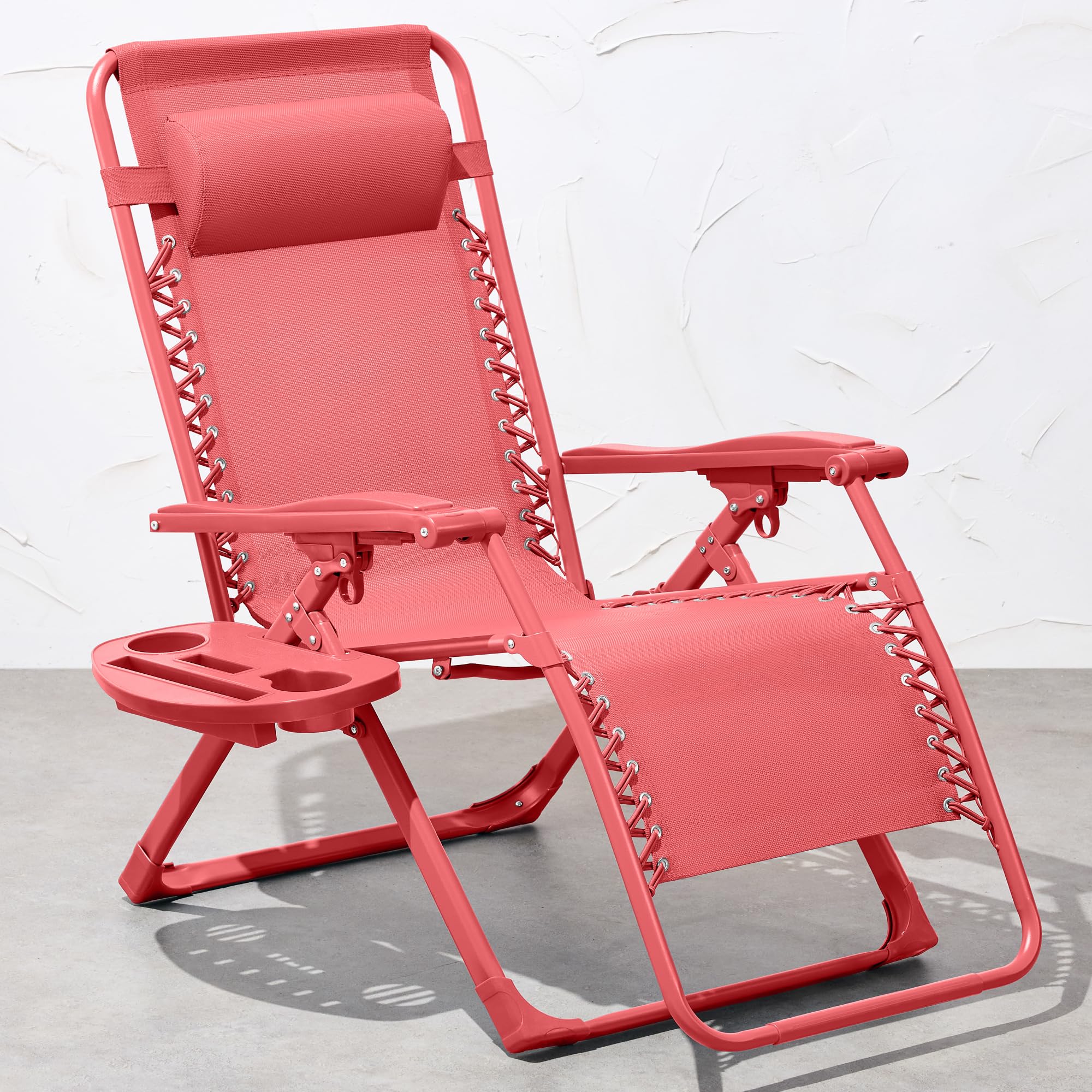 Best Choice Products Adjustable Zero Gravity Chair, Monochromatic Color Folding Patio Recliner W/Side Tray, Headrest - Coral