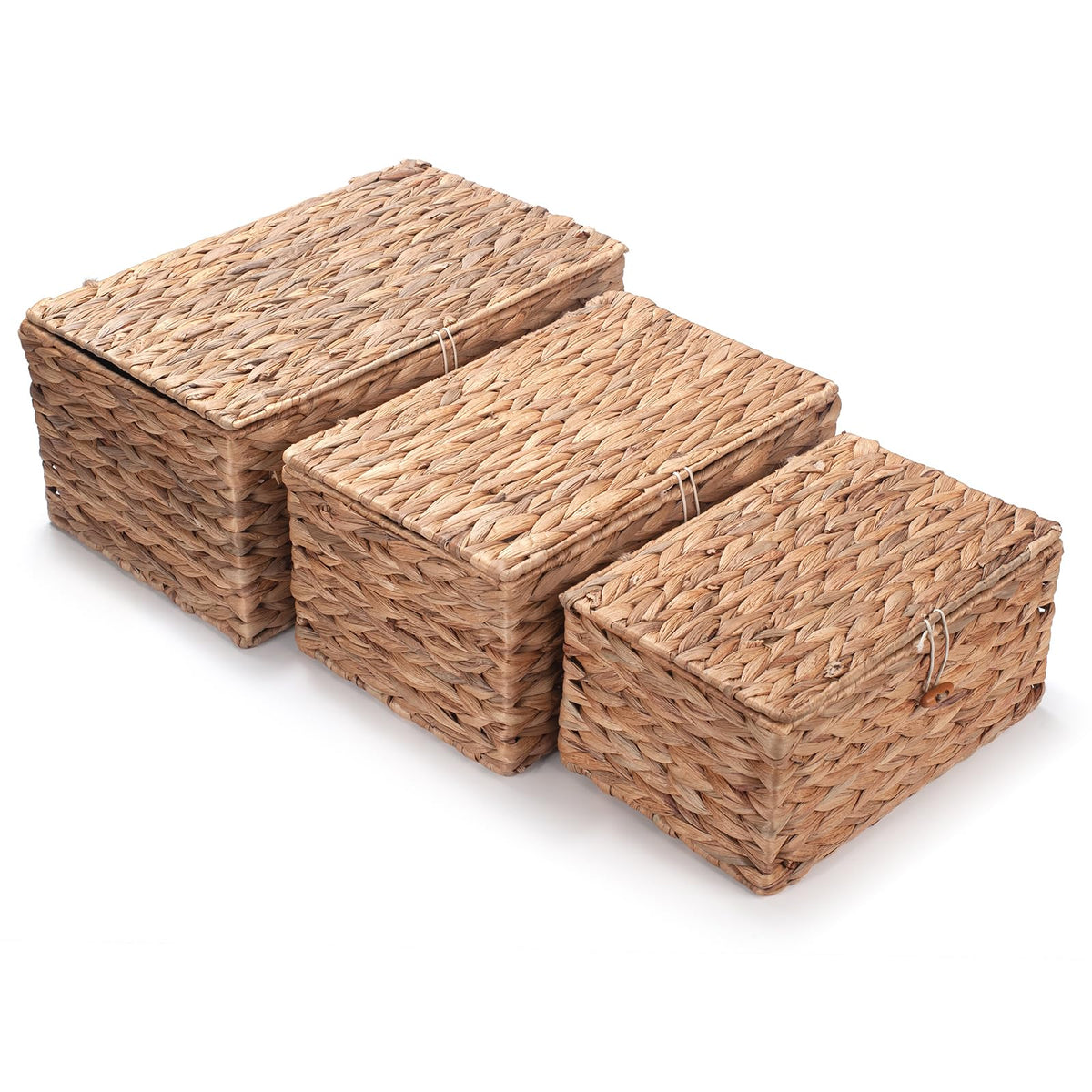 Water Hyacinth Rectangular Storage Basket with Lid for Organizing Stackable Baskets for Shlef Set of 3
