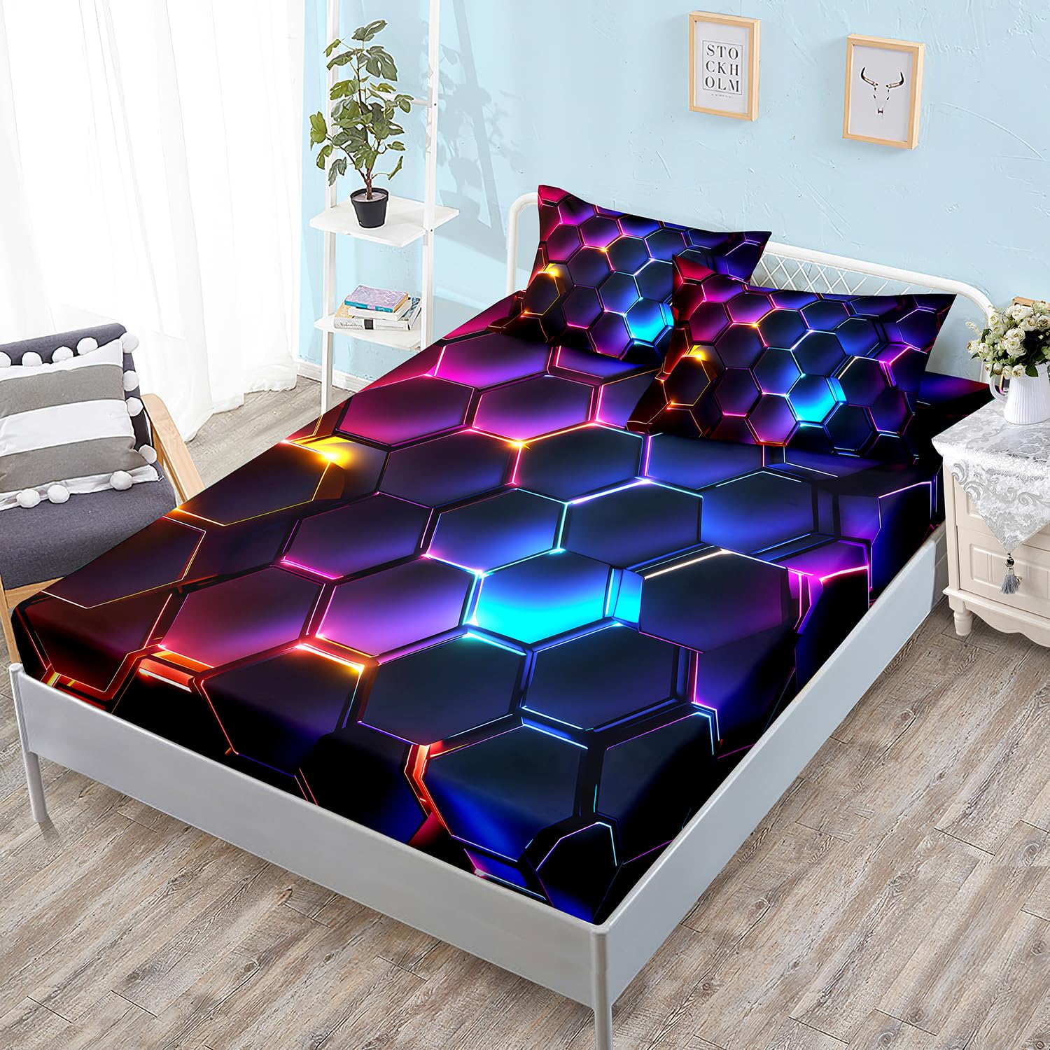 Hosima 3D Honeycomb Bedding Sets,Geometric Hexagon Pattern Queen Fitted Sheet For Kids Teen Boy Room Decor,Lightweight Colorful