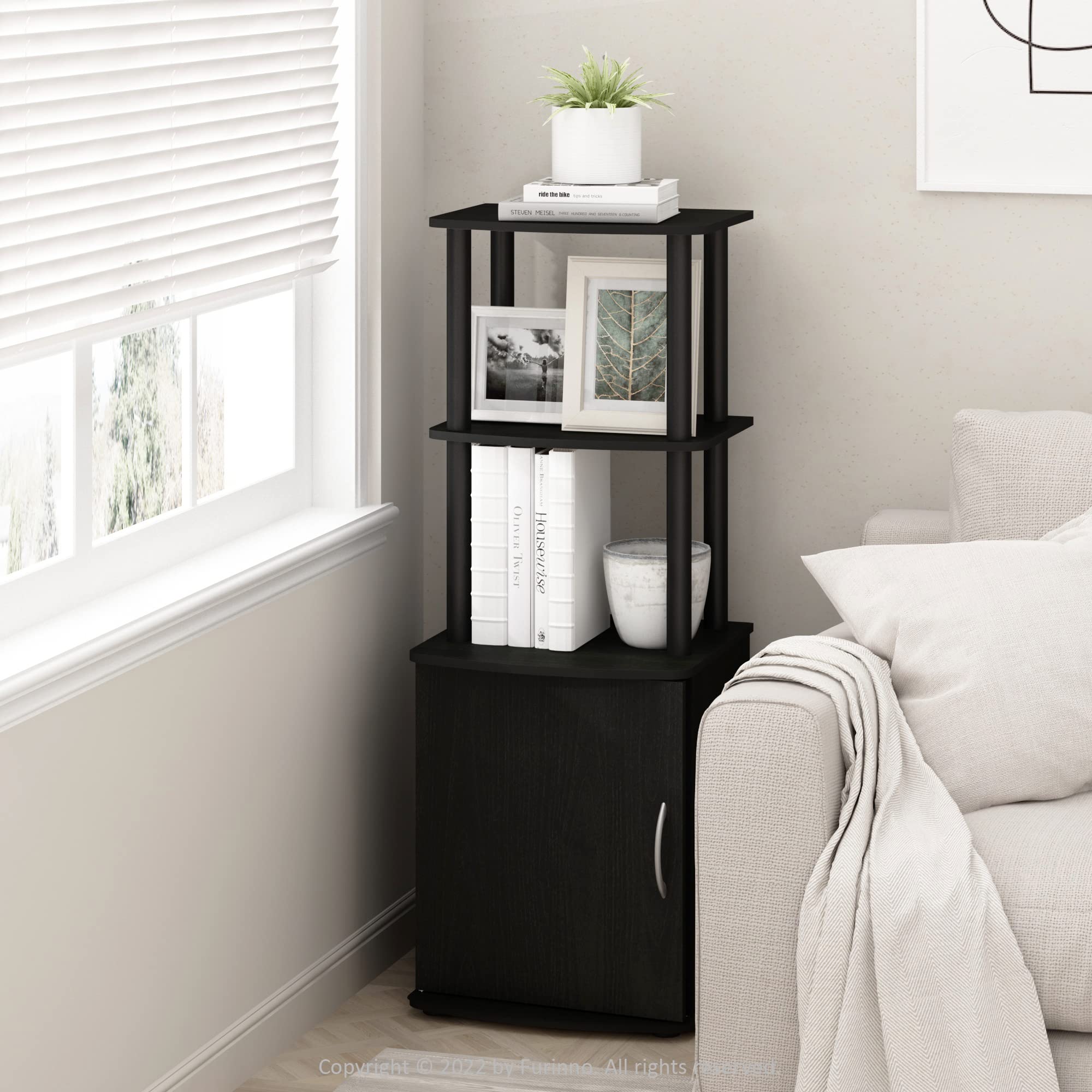 Furinno Turn-N-Tube Tall Tv Entertainment Side Table Display Rack With Storage Cabinet, 2-Tier, Blackwood/Black