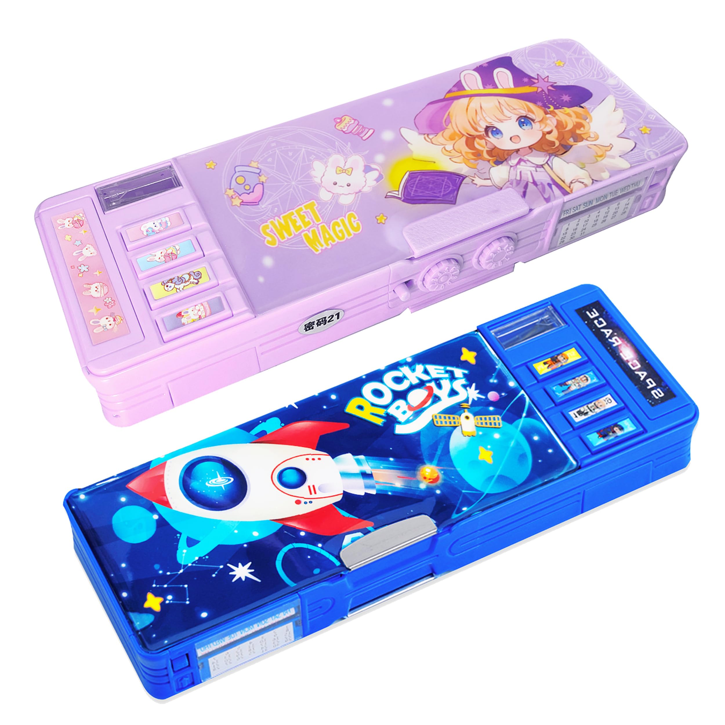 ?2Pack?Pop Up Multifunction Pencil Case For Girls And Boys, Cute Cartoon Pen Box Organizer Stationery With Lock, Sharpener, Sche