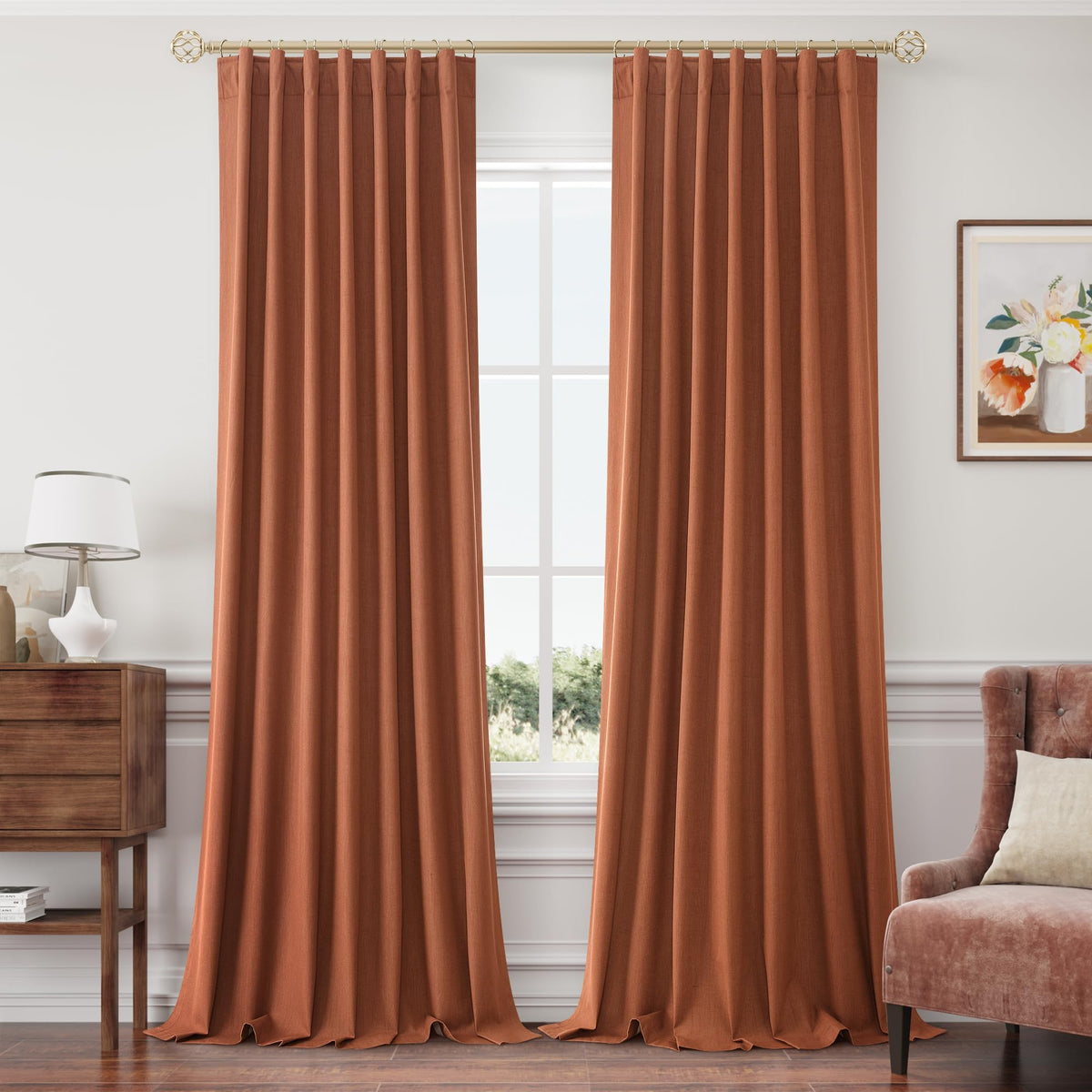 Joywell Linen 100% Blackout Curtains 120 Inch Length Long,Back Tab,Hook Belt,Thermal Insulated Pinch Pleated Drapes For Bedroom With Hooks High Ceiling Length 10 Feet(2 Panels,52 X 120,Terracotta)