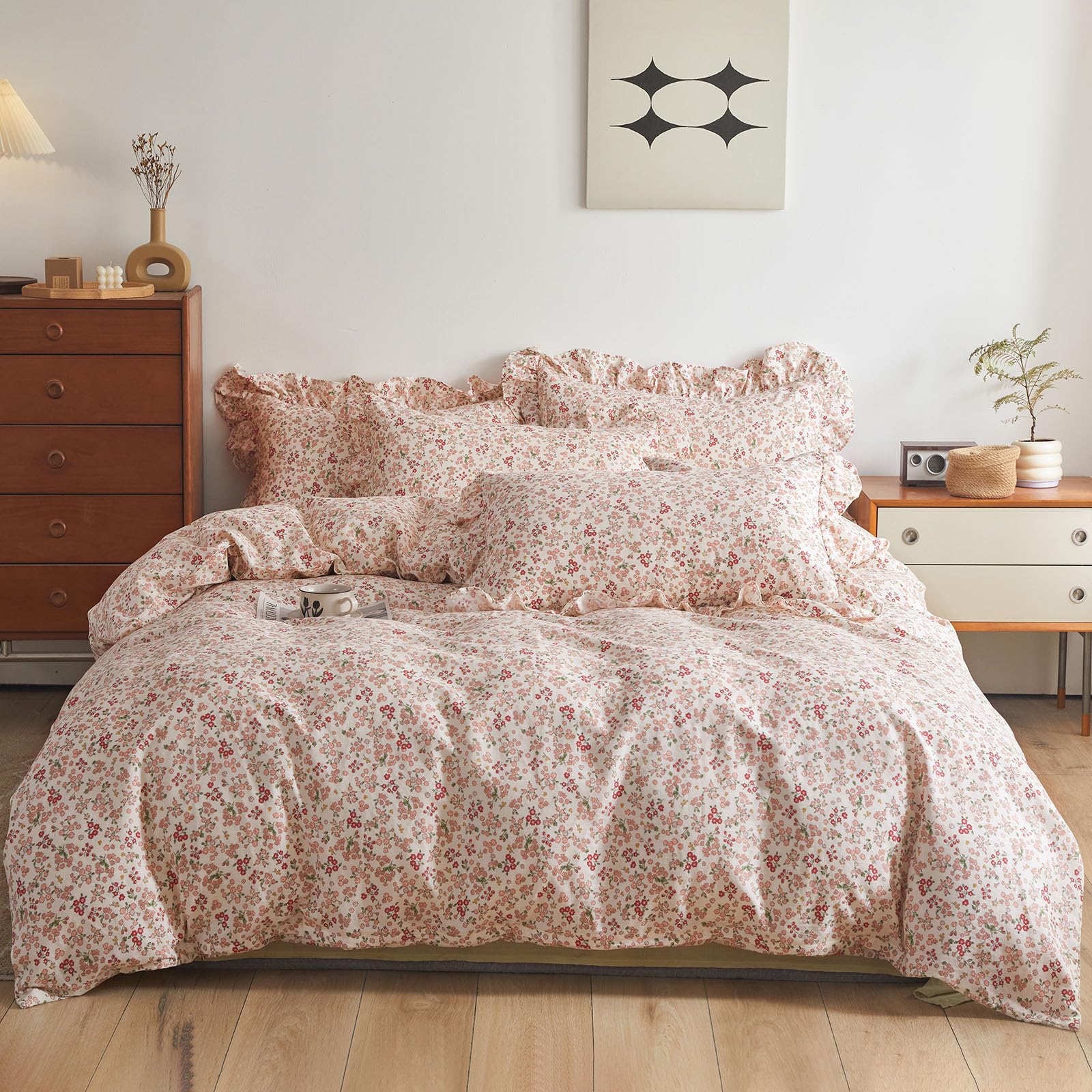 Pink Floral Duvet Cover Twin Boho Garden Style Floral Bedding Sets Soft Cotton Flower Print Comforter Cover Floral Cottagecore D
