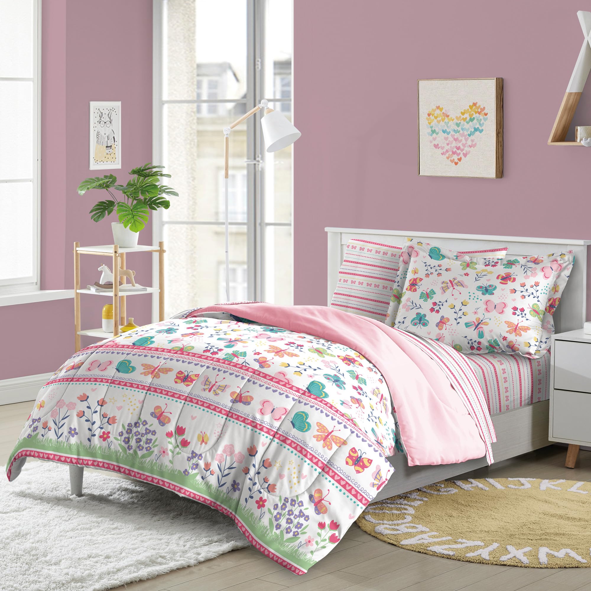 Dream Factory Kids 5-Piece Complete Bed Set Easy-Wash Super Soft Microfiber Comforter Bedding, Twin, Pink Butterfly Garden