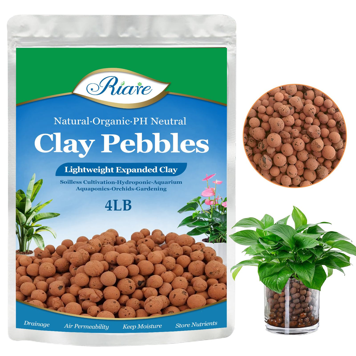 Riare 4 Lbs Organic Expanded Clay Pebbles For Plants- 4Mm-16Mm Natural Leca Balls Lightweight Hydroponic Clay Pebbles Aggregate