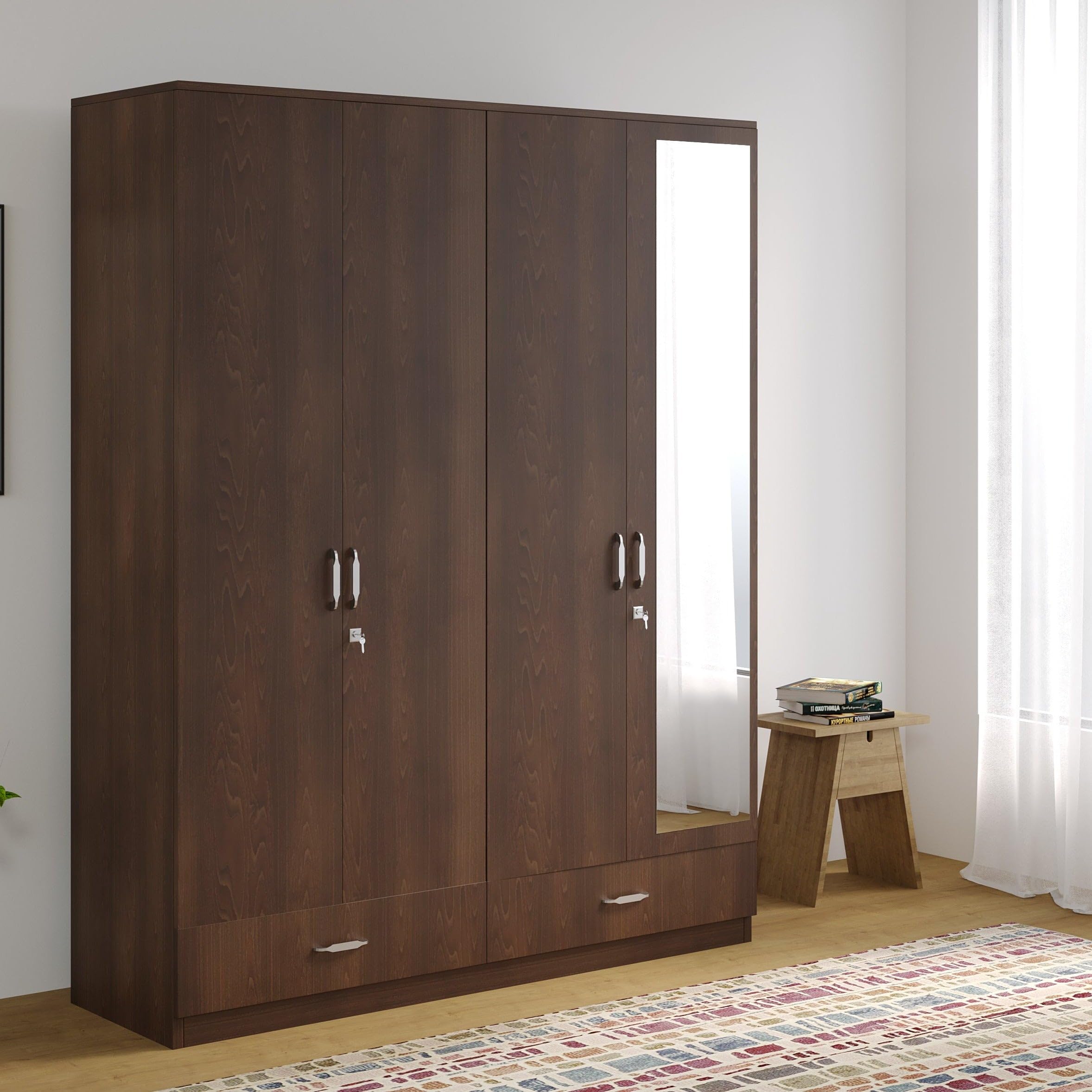 Nilkamal Mozart Neo 4 Door Wardrobe With Mirror | Engineered Wood Almirah | 2 Hanging Rods, 8 Shelves & 4 Drawers | 1 Year Warra