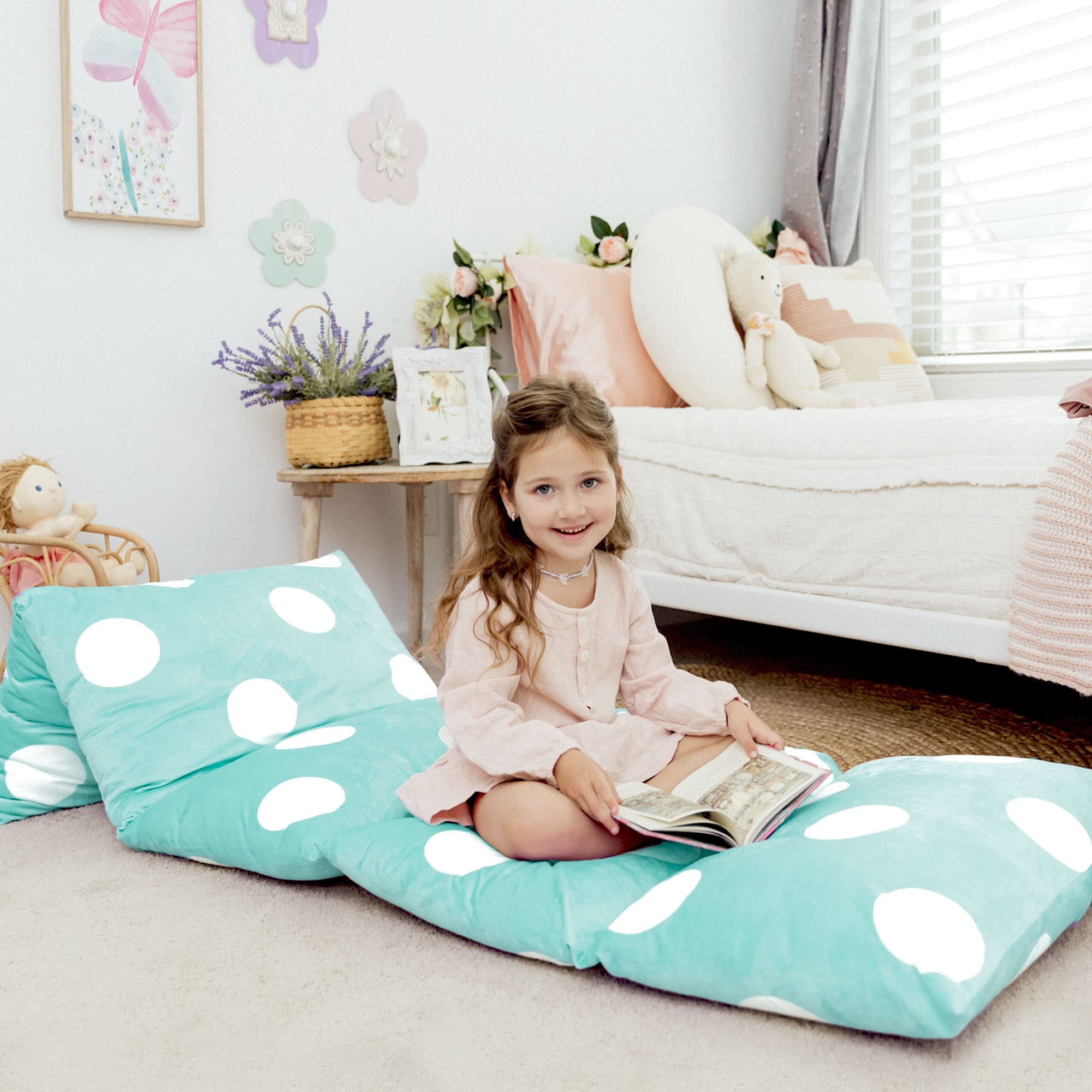 Butterfly Craze Floor Pillow Case, Mattress Bed Lounger Cover, Polka Aqua, King Size - Cozy Seating Solution For Kids & Adults,