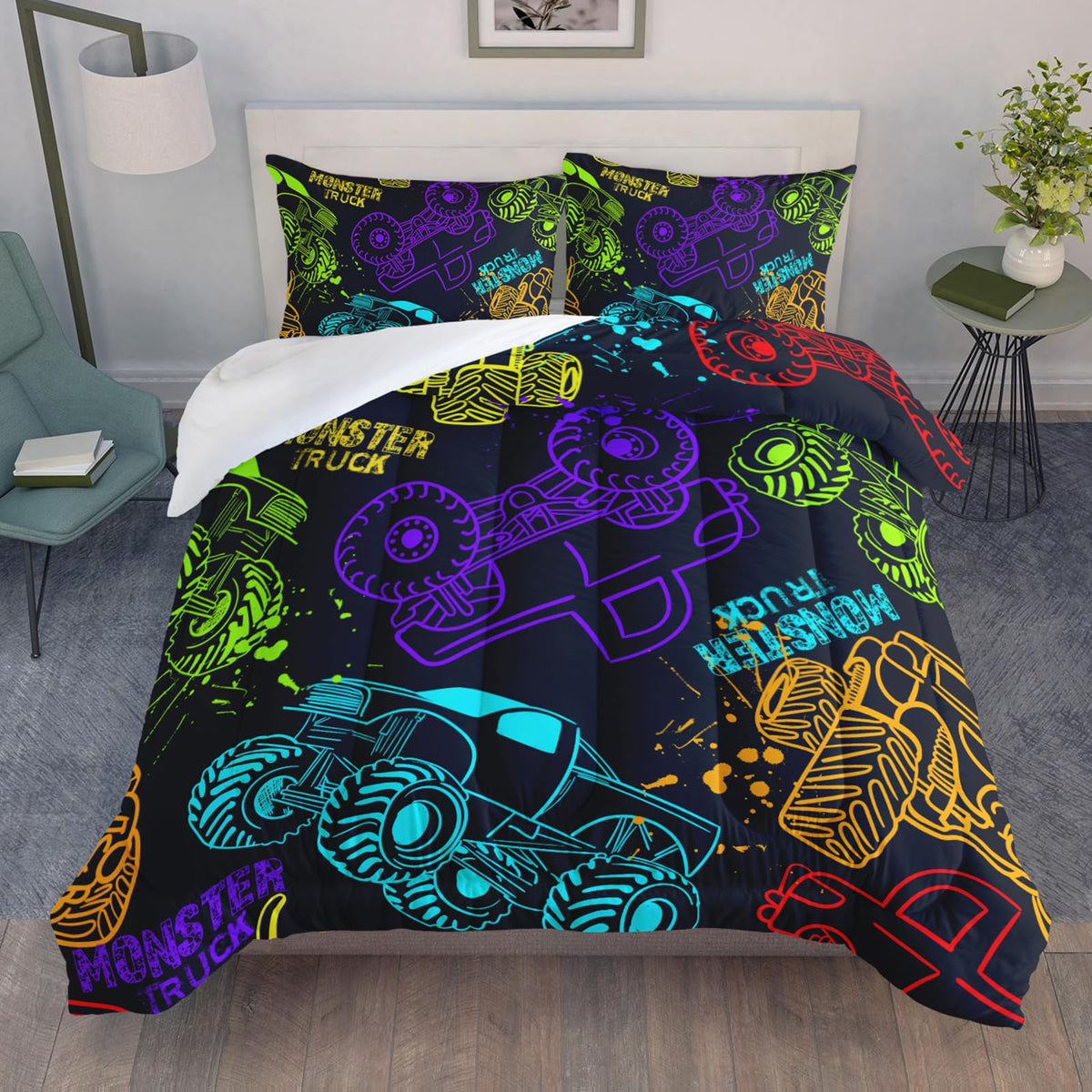 Qoomo Truck Comforter Set For Kids Teens Boys,Neon Truck Kids Comforter,1 Comforter With 2 Pillowcase, Microfiber 3 Piece Beddin
