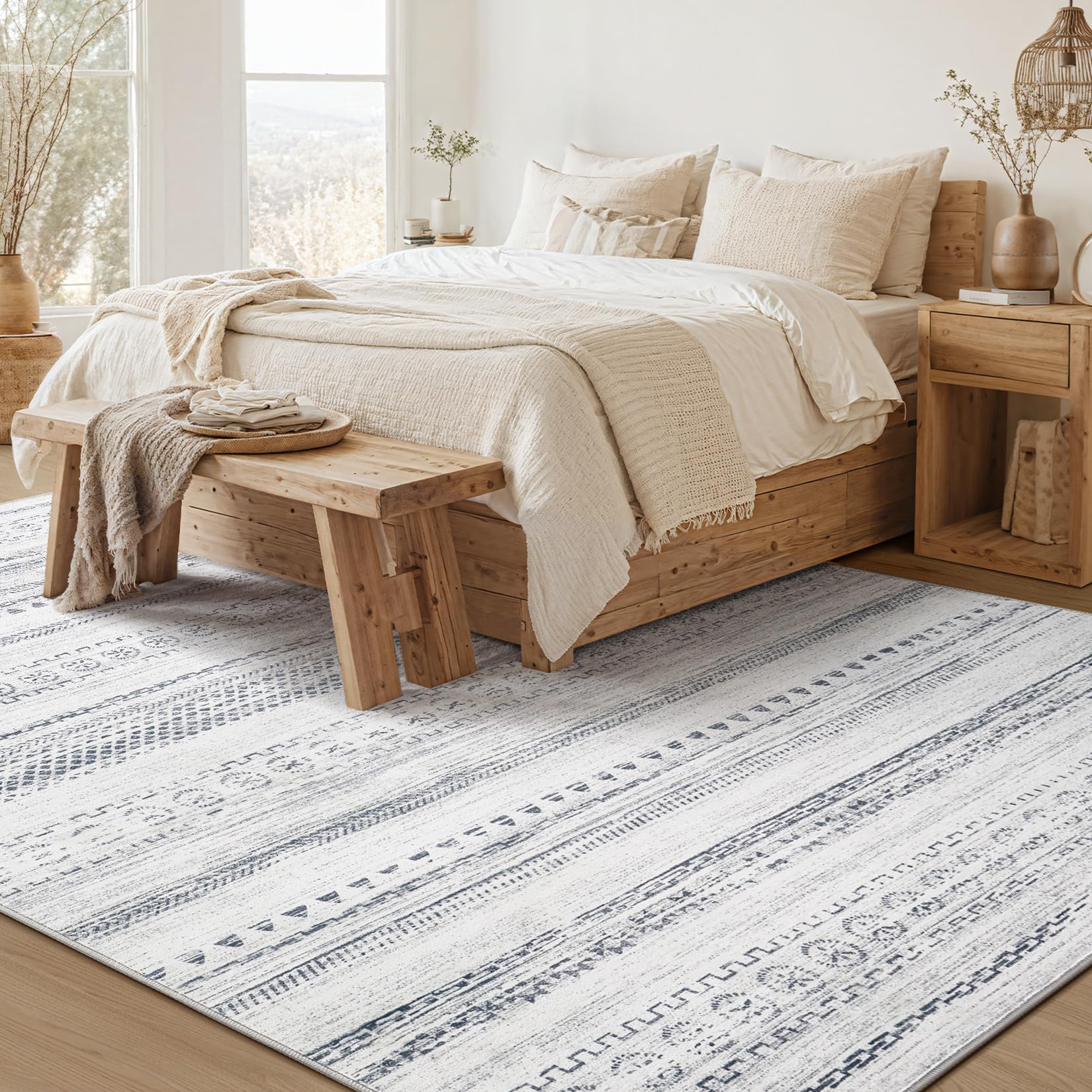 Area Rug Living Room Rugs - 8X10 Washable Boho Farmhouse Bohemian Neutral Large Rug Moroccan Geometric Soft No Slip Indoor Thin