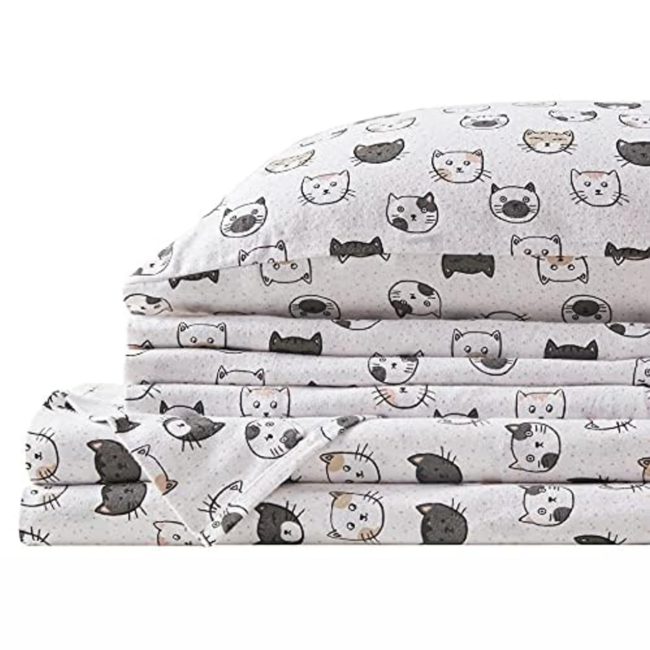 Comfort Spaces Cotton Flannel Breathable Warm, Deep Pocket Sheets with Pillow Case Bedding, Queen, Grey/Pink Cats 4 Piece