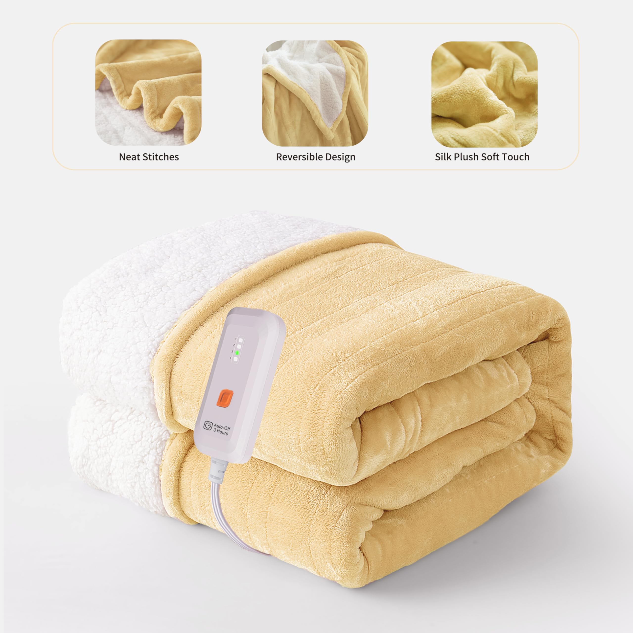 Gotcozy Heated Blanket Electric Throw 50''X60''- Soft Silky Plush Electric Blanket With 4 Heating Level & 3 Hour Auto Off Heating Blanket, Etl Certified Machine Washable (Yellow)