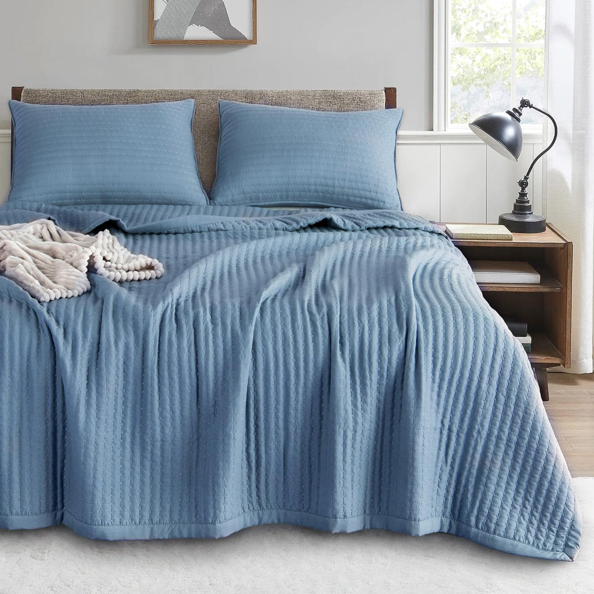 Kasentex Quilt Mini Set-Stone Washed-Super Soft Bedspread-Light Weight-White Down Alternative Microfiber Fill-Machine Washable-S