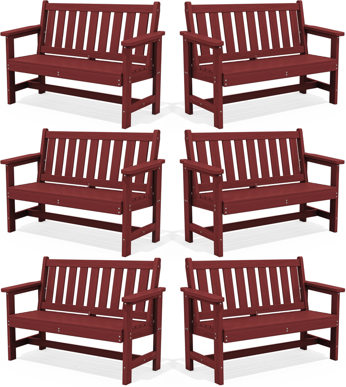 Serwall Outdoor Bench, Hdpe Outdoor Benches Weatherproof, 2-Person Garden Bench With 660 Lbs Weight Capacity, Patio Benches For Outdoors, Garden, Porch, Backyard And Park, Red, 6 Pack