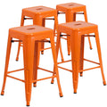 Flash Furniture Lily 4 Pack Commercial Grade 24 High Backless Orange Metal Indoor-Outdoor Counter Height Stool with Square Seat