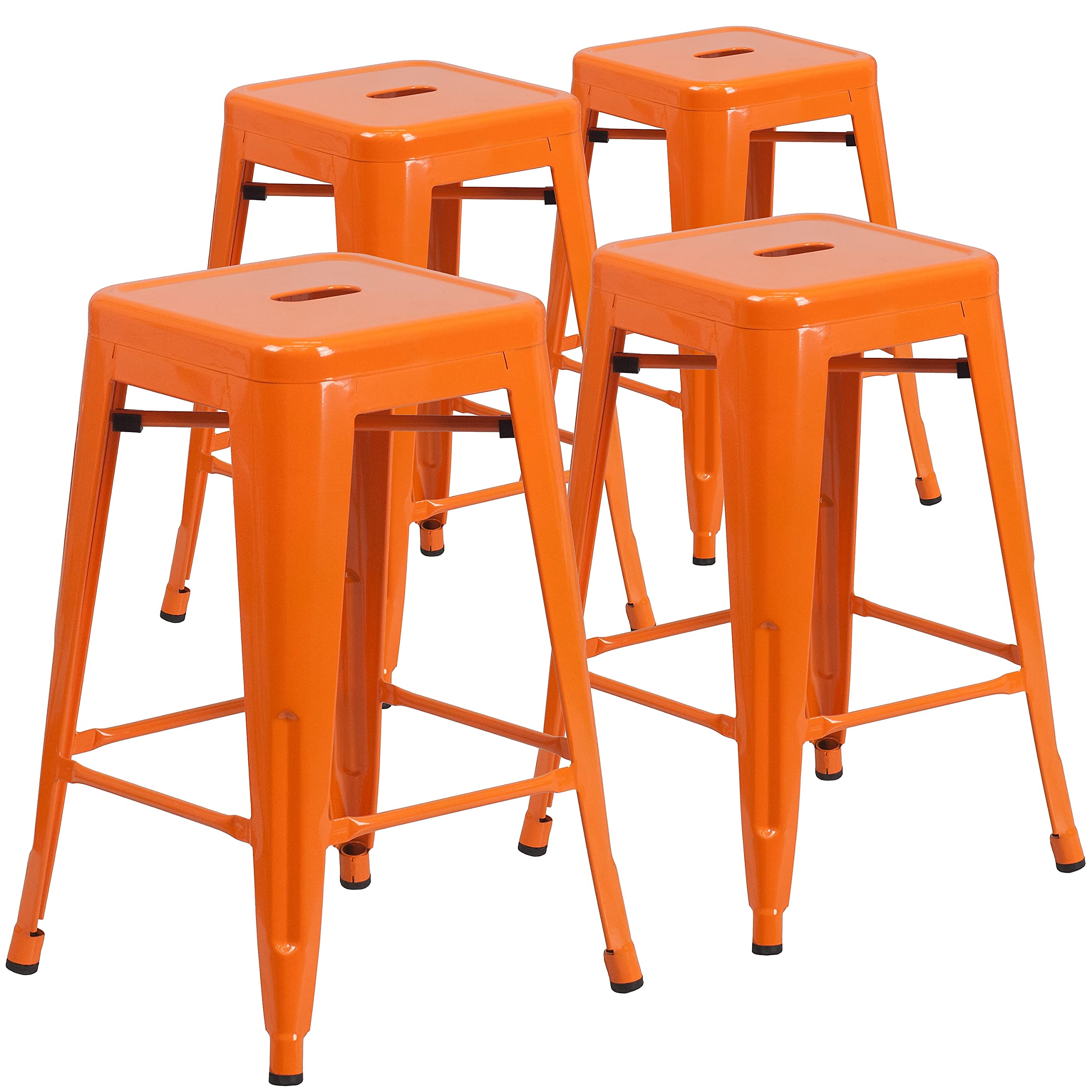 Flash Furniture Lily 4 Pack Commercial Grade 24 High Backless Orange Metal Indoor-Outdoor Counter Height Stool with Square Seat