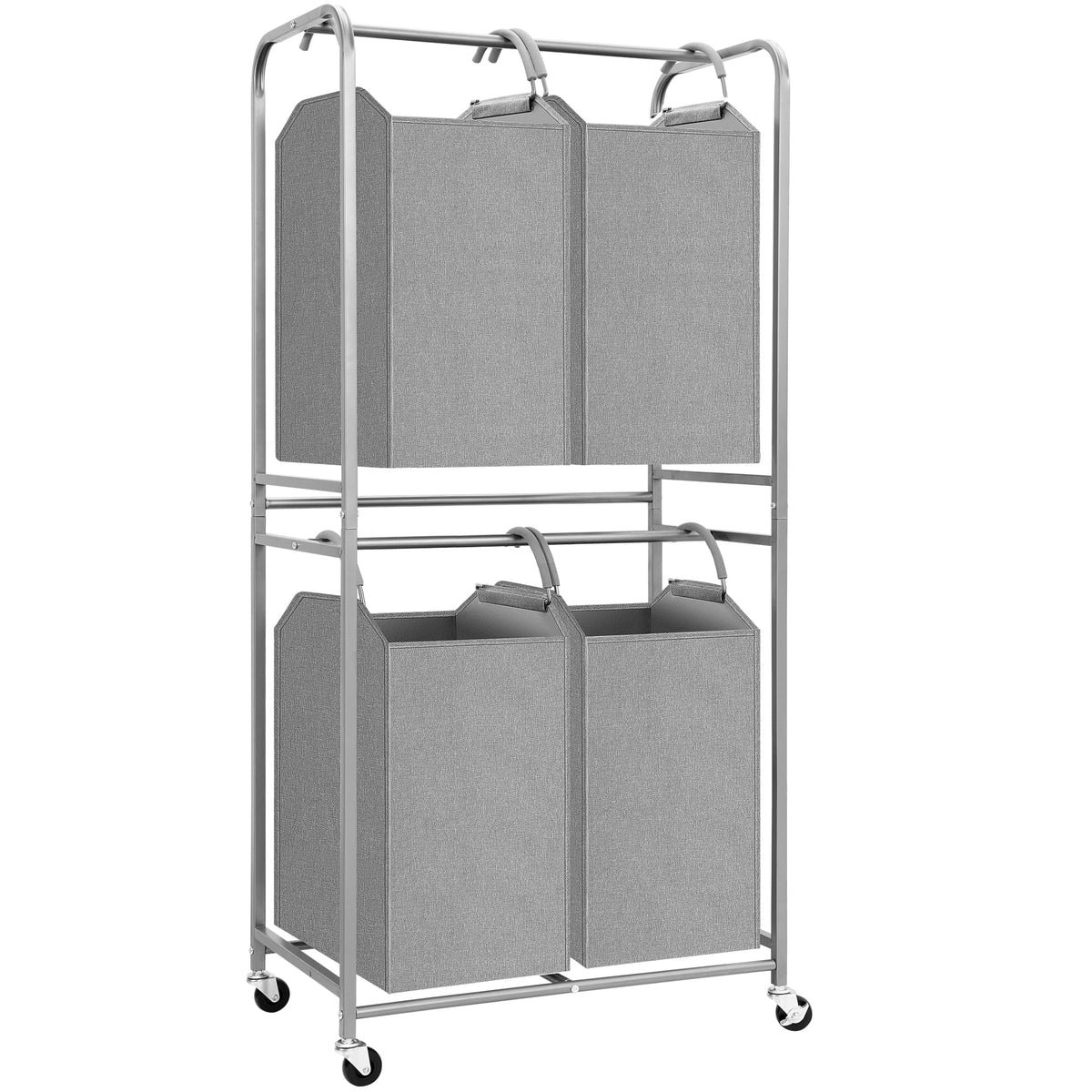 STORAGE MANIAC 4 Section Vertical Laundry Hamper, 2 Tier Laundry Sorter with 4 Removable Tote Bags, Rolling Clothes Basket for T