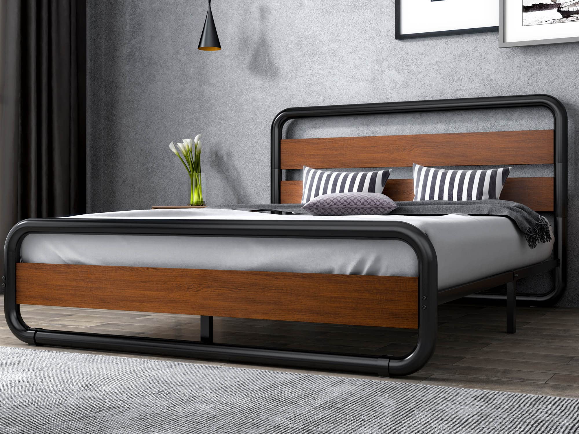 Sha Cerlin Queen Size Bed Frame With Wooden Headboard And Footboard, Heavy Duty Oval-Shaped Platform Bed With Under-Bed Storage, Noise Free, No Box Spring Needed, Walnut