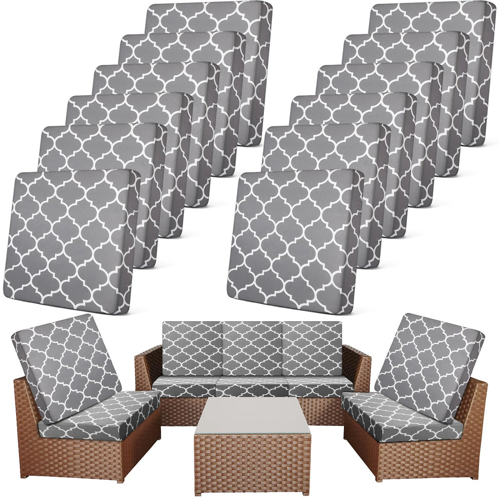 Newwiee 12 Pcs Patio Stretch Sofa Cushion Covers Outdoor Cushion Cover Replacement Couch Slipcover Sofa Seat Cover Flexibility Chair Cushion Cover Porch Patio Furniture Protector (Gray,Moroccan)