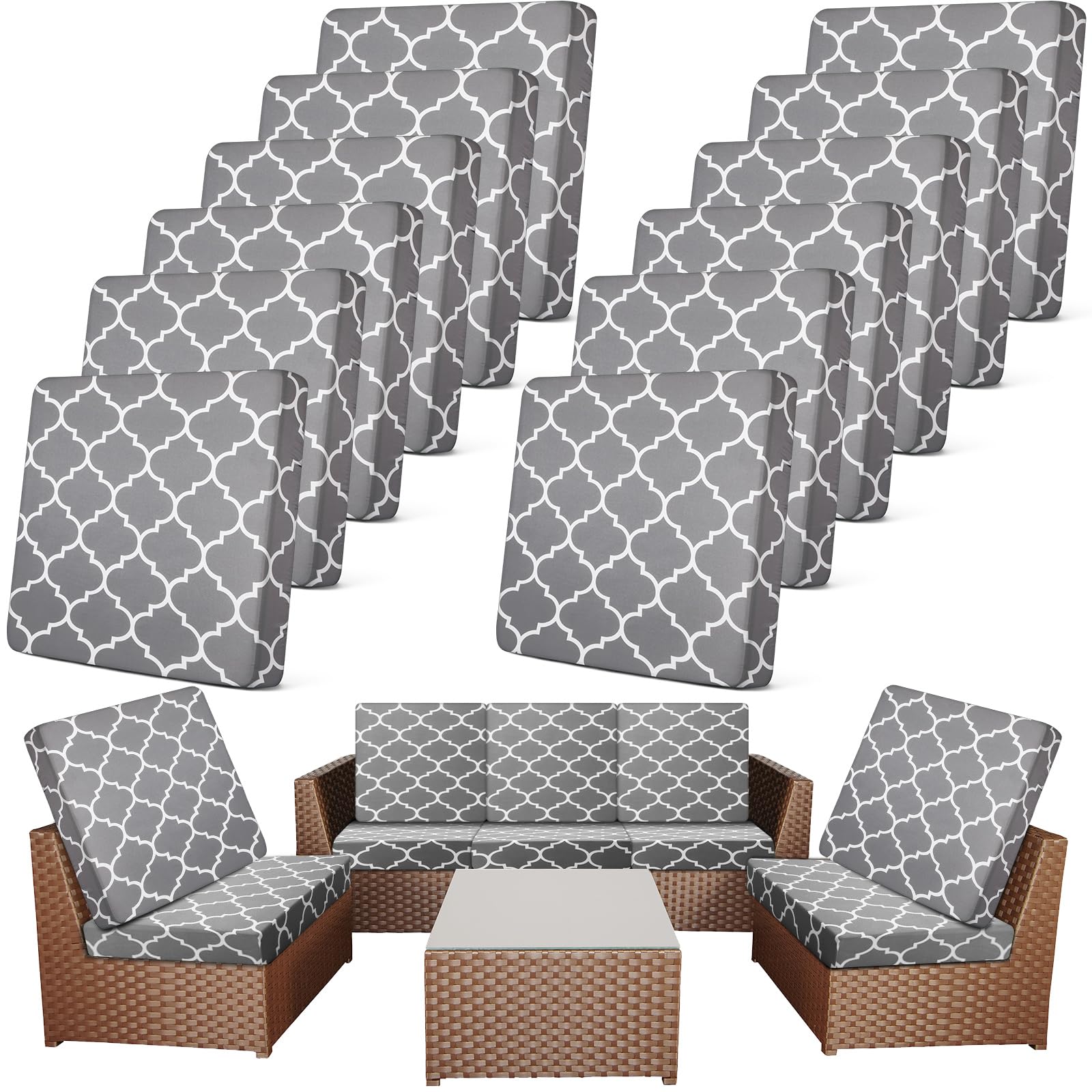 Newwiee 12 Pcs Patio Stretch Sofa Cushion Covers Outdoor Cushion Cover Replacement Couch Slipcover Sofa Seat Cover Flexibility Chair Cushion Cover Porch Patio Furniture Protector (Gray,Moroccan)