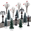 Aoriher 15 Pcs Christmas Figurine Village Accessories Miniature Pine Trees Snow Artificial Christmas Trees Cardinal Bare Branch 