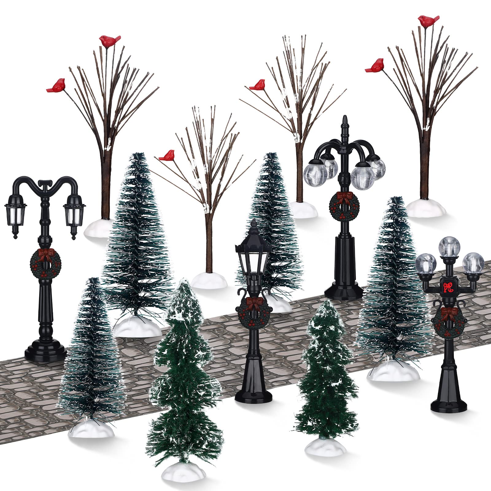 Aoriher 15 Pcs Christmas Figurine Village Accessories Miniature Pine Trees Snow Artificial Christmas Trees Cardinal Bare Branch 