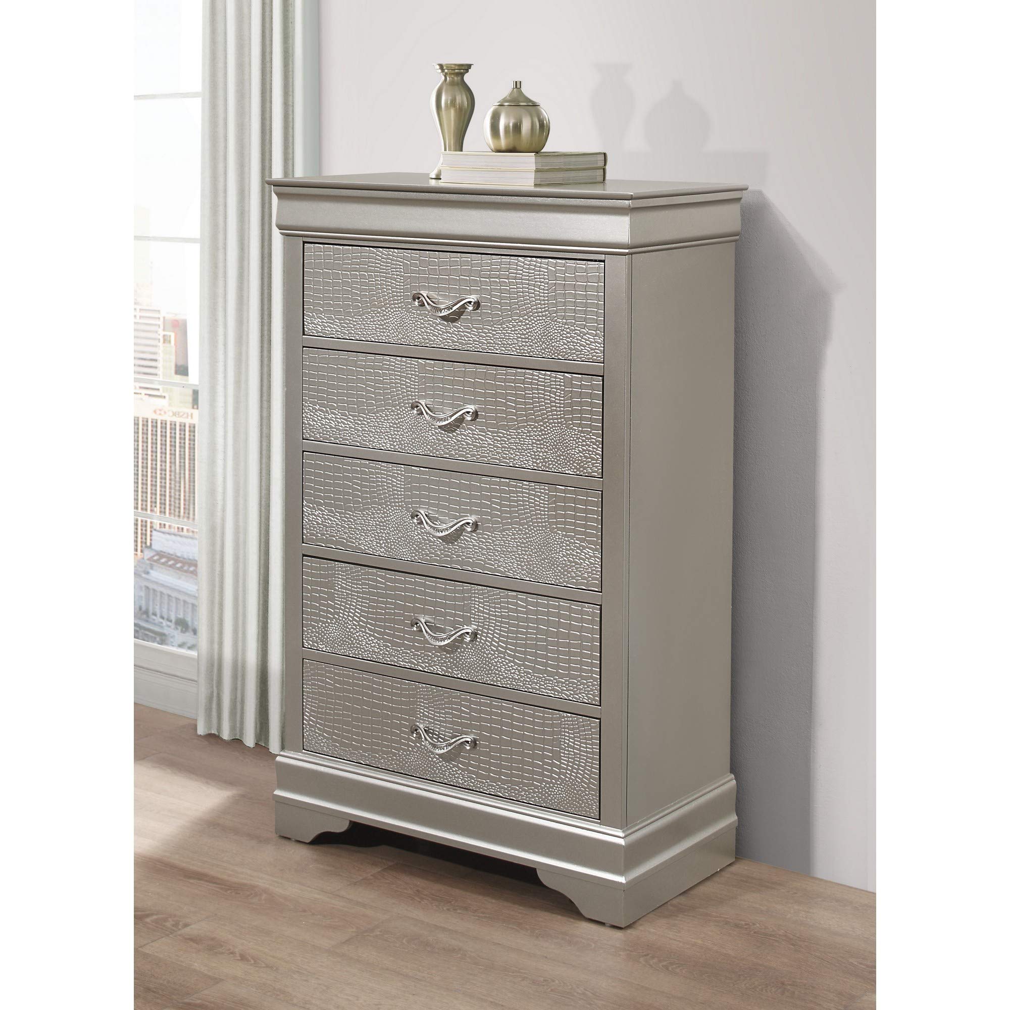 HomeRoots Rubberwood Silver Tone Chest with 5 Spacious Interior Drawers