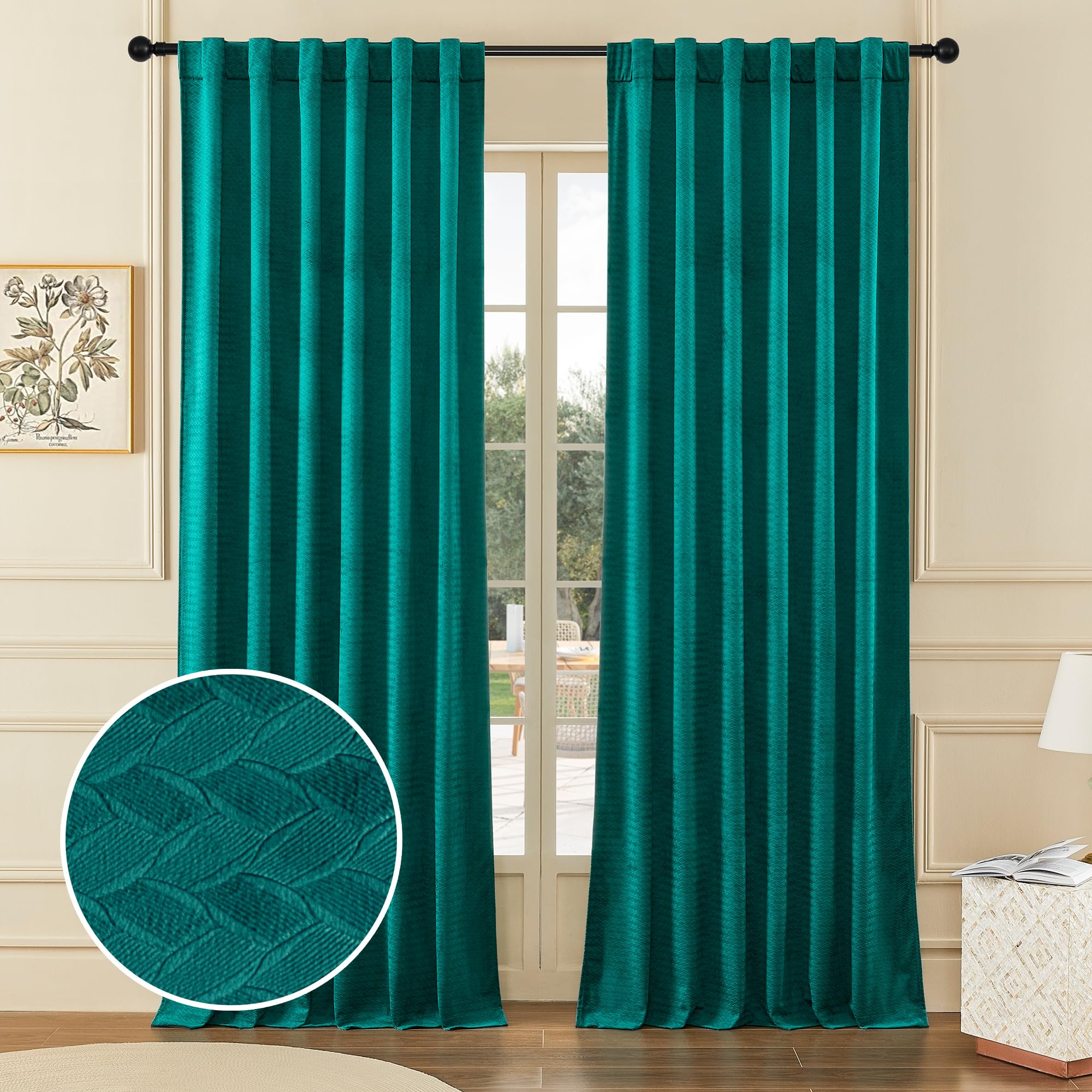 Timeper Blackout Teal Green Velvet Curtains 84 Inch, Wheat Ear Pattern Super Soft Texture Thermal Insulated Soundproof Of Curtai