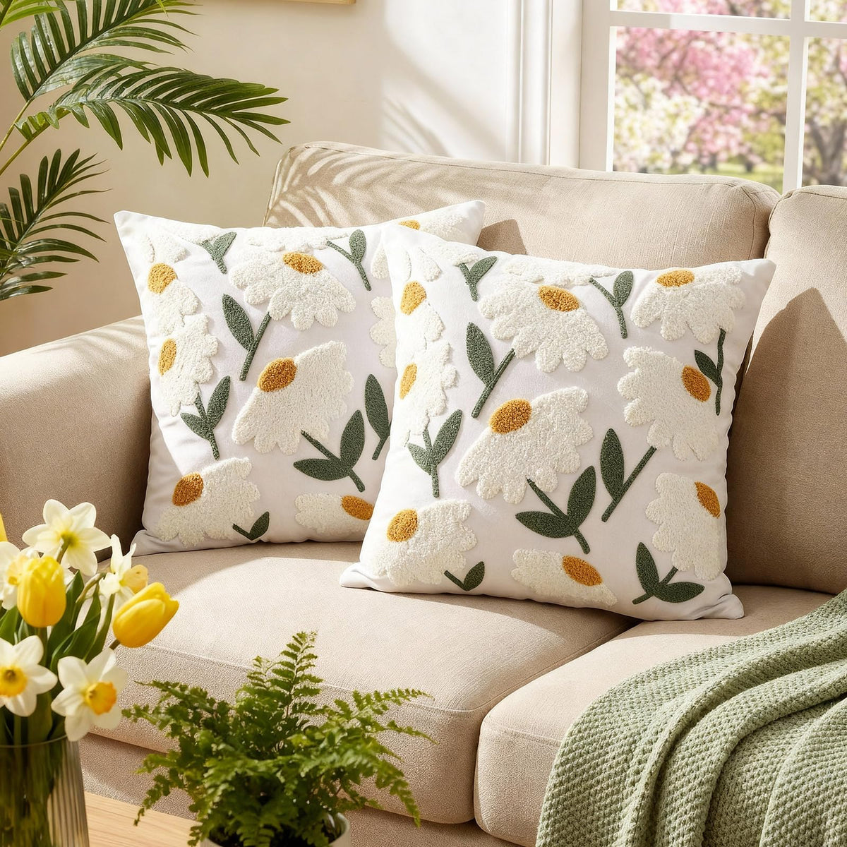 Breling 2 Pack Embroidered Daisy Flower Pillow Covers 18 X 18 Inch 3D Cute Flower Throw Pillow Cover Boho Decorative Tufted Cush