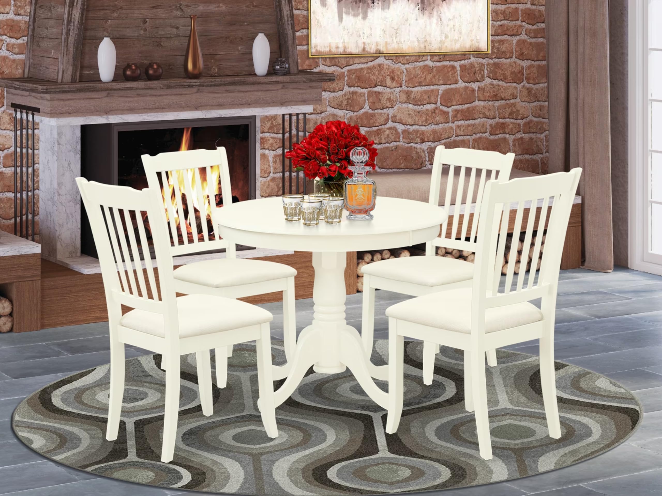 East West Furniture Anda5-Lwh-C 5 Piece Modern Dining Table Set Includes A Round Kitchen Table With Pedestal And 4 Linen Fabric Kitchen Dining Chairs, 36X36 Inch, Linen White