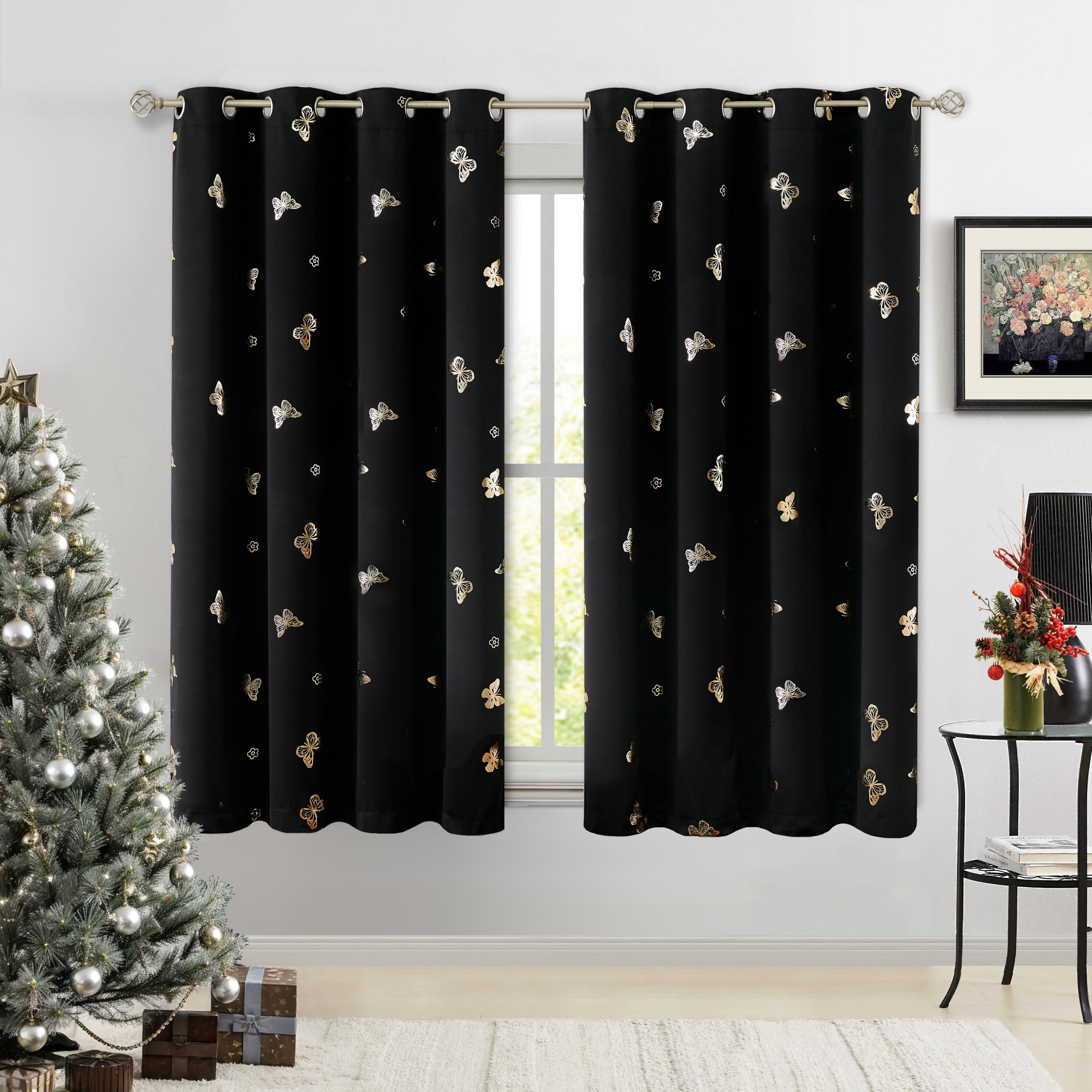 Jubilantex Butterfly Blackout Curtains 2 Panels for Kids Bedroom Black Gold Foil Print Floral Drapery 100% Room Darkening for Ha