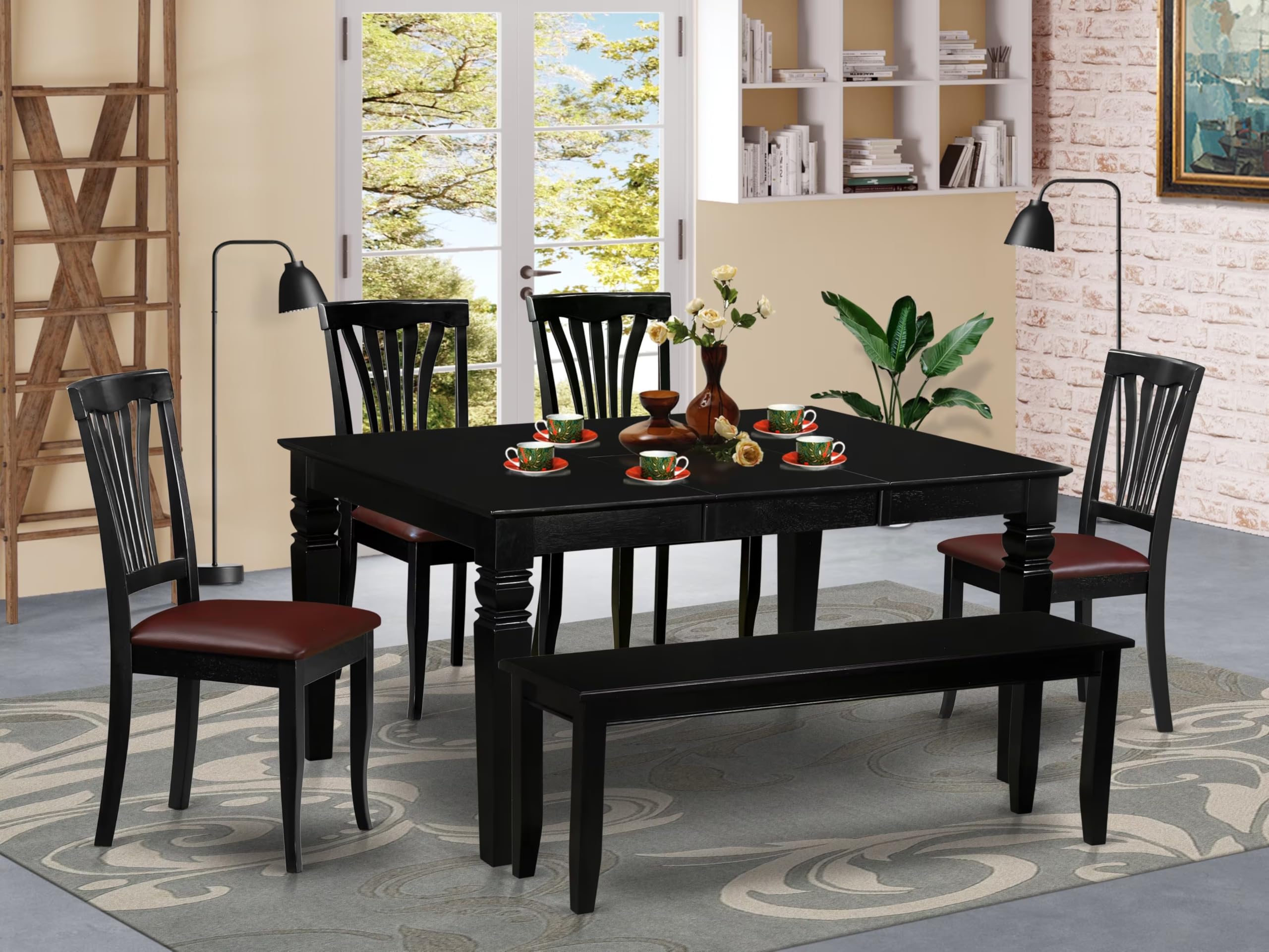 East West Furniture WEAV6D-BLK-LC 6 Piece Modern Dining Table Set Contains a Rectangle Wooden Table with Butterfly Leaf and 4 Faux Leather Dining Chairs with a Bench, 42x60 Inch, Black