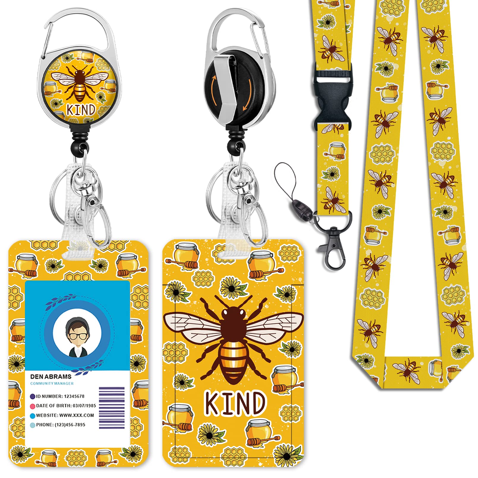Cute Bee Kind Lanyards For Id Badges, Retractable Id Badge Holder With Detachable Lanyard, Fashionable Badge Reel Heavy Duty Wit