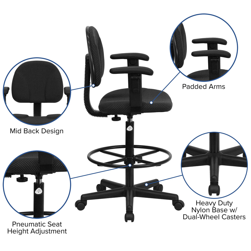 Flash Furniture Bruce Black Patterned Fabric Drafting Chair with Adjustable Arms (Cylinders: 22.5''-27''H or 26''-30.5''H)