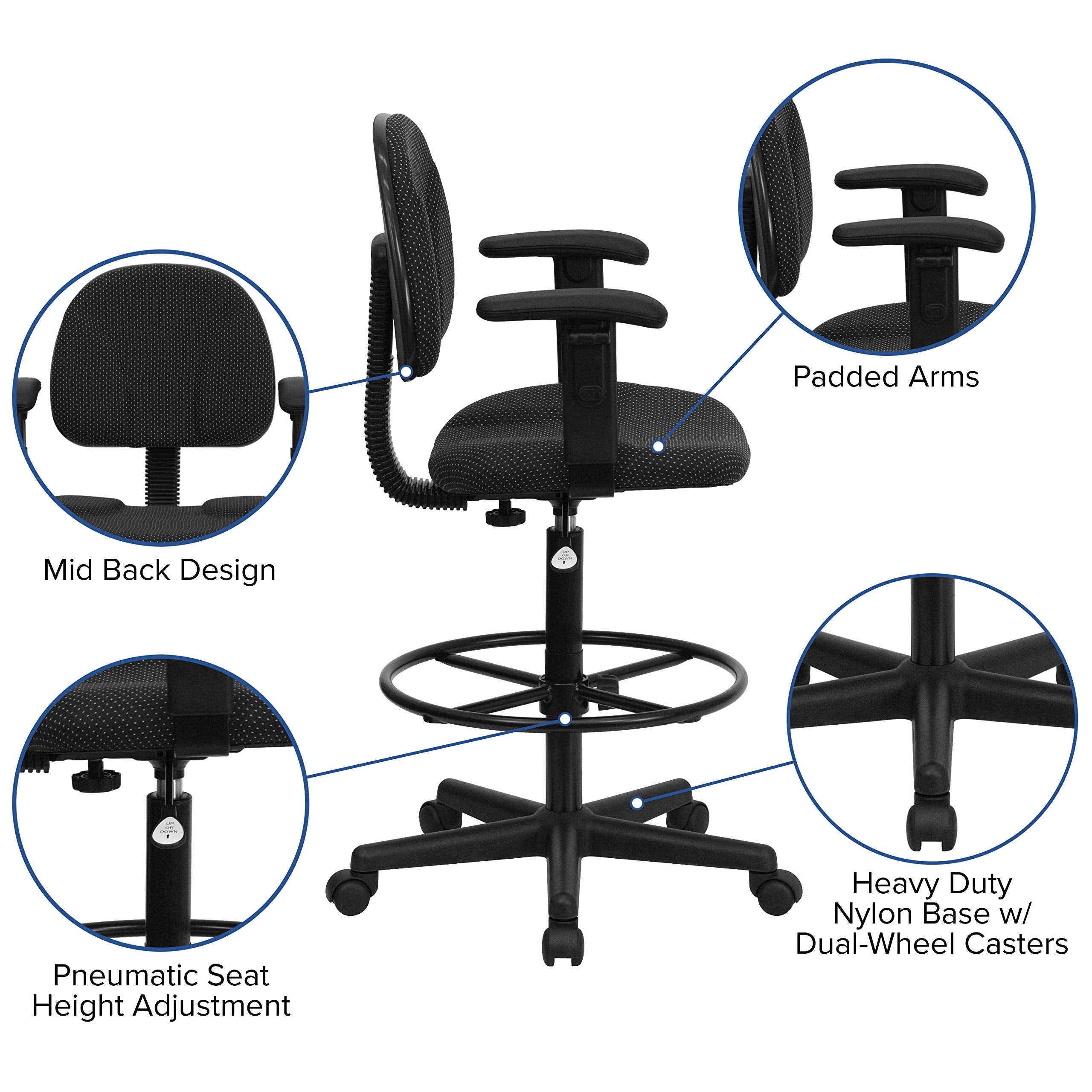Flash Furniture Bruce Black Patterned Fabric Drafting Chair with Adjustable Arms (Cylinders: 22.5''-27''H or 26''-30.5''H)
